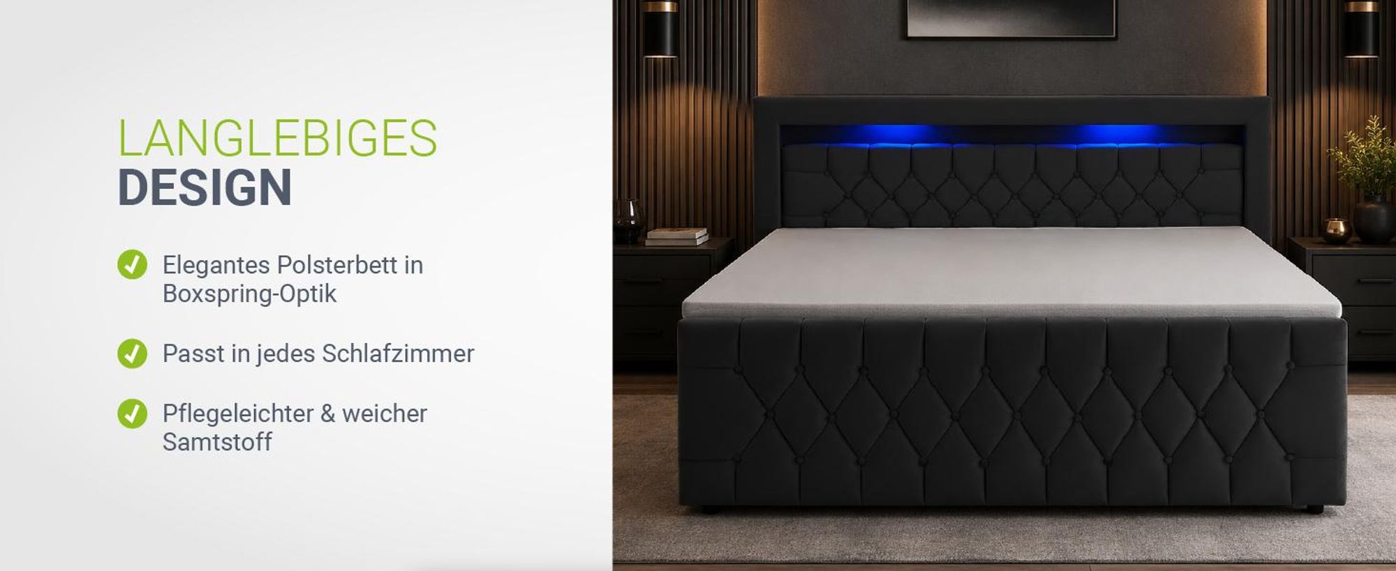 Juskys Boxspringbett Leona Samt 180x200 cm in Schwarz – mit LEDs, Topper & Federkern-Matratzen