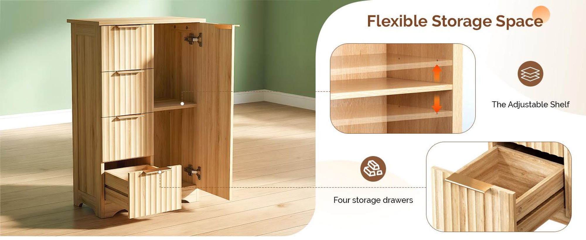 FCH Küchenschrank, Buffet Kommode mit 1 Türen und 4 Schubladen, für Wohnzimmer, Esszimmer und Küche, 53.4 x 29 x 82 cm, Eiche