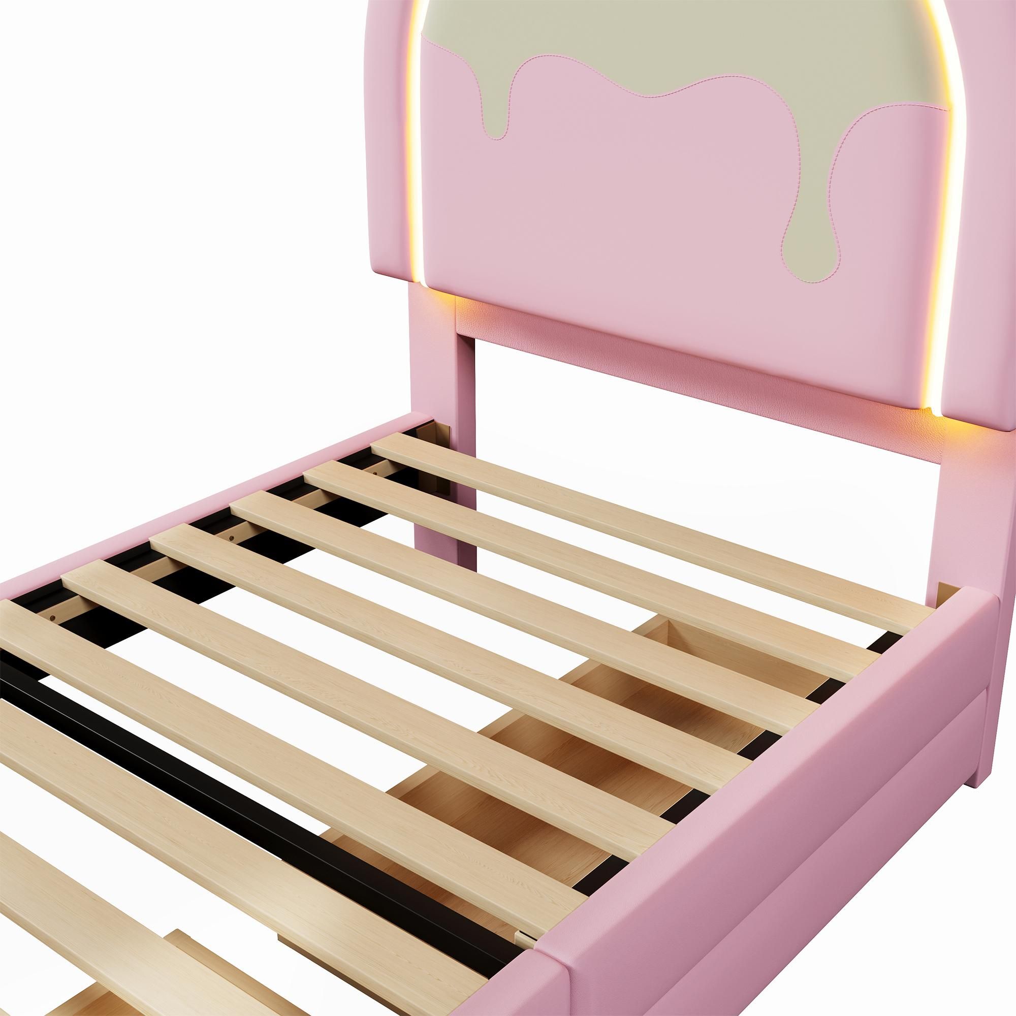 Merax Polsterbett 90x200 cm, Einhorn-Design Kinderbett mit Leuchtleiste, 2 Schubladen, Prinzessinnenbett, Jugendbett, für Kinderzimmer, PU, Rosa