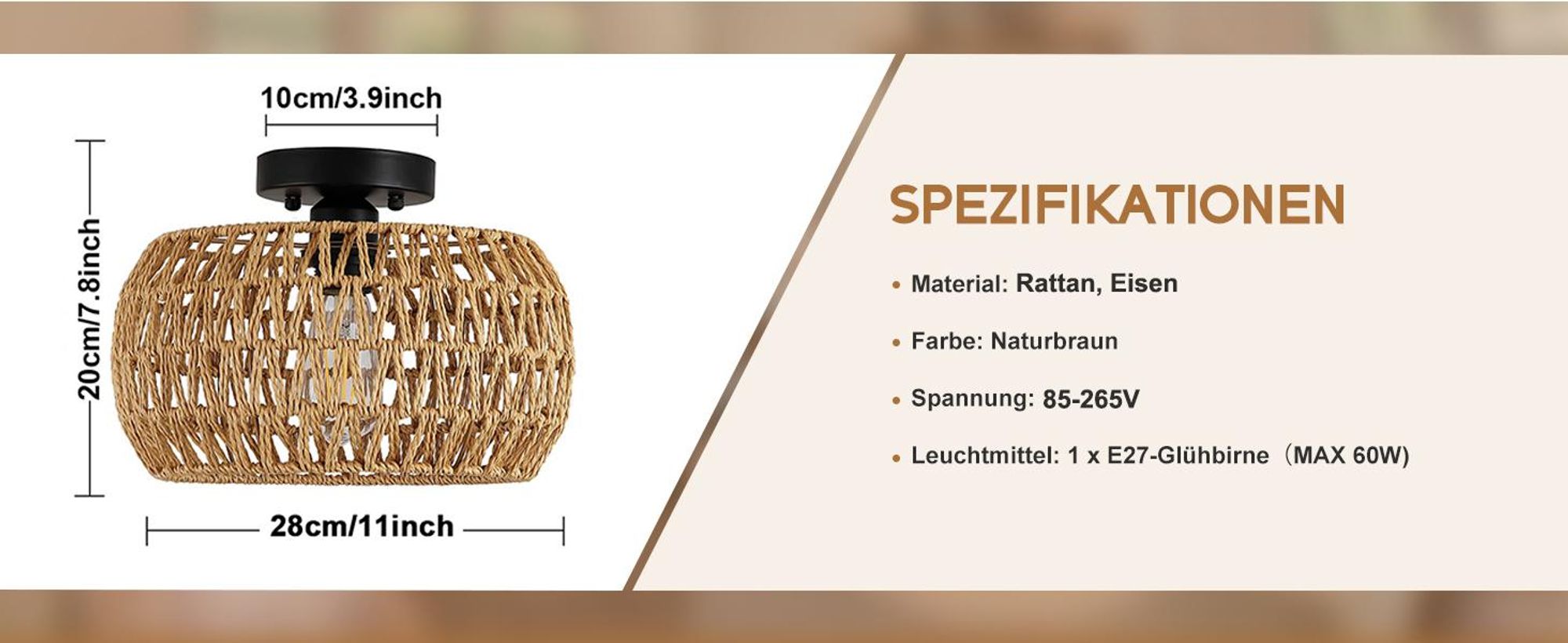 Deckenlampe Boho Vintage Deckenleuchte E27 Pendelleuchte mit Rattan Lampenschirm Hängelampe für Wohnzimmer, Schlafzimmer, Küche, Flur