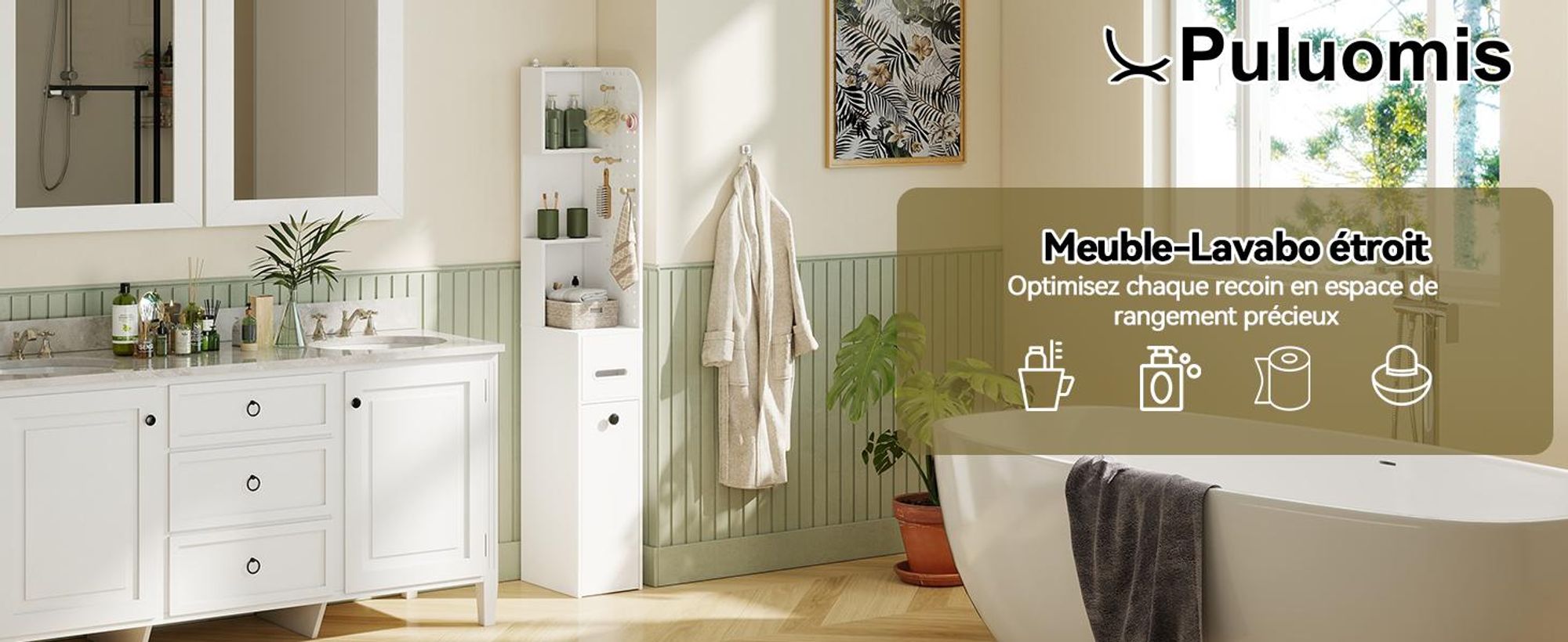 Armoire de salle de bain Puluomis, meuble de rangement pour salle de bain avec tiroirs, panneau perforé, armoire haute étroite de 35x24x165 cm, meuble de rangement pour salle de bain, cuisine, blanc