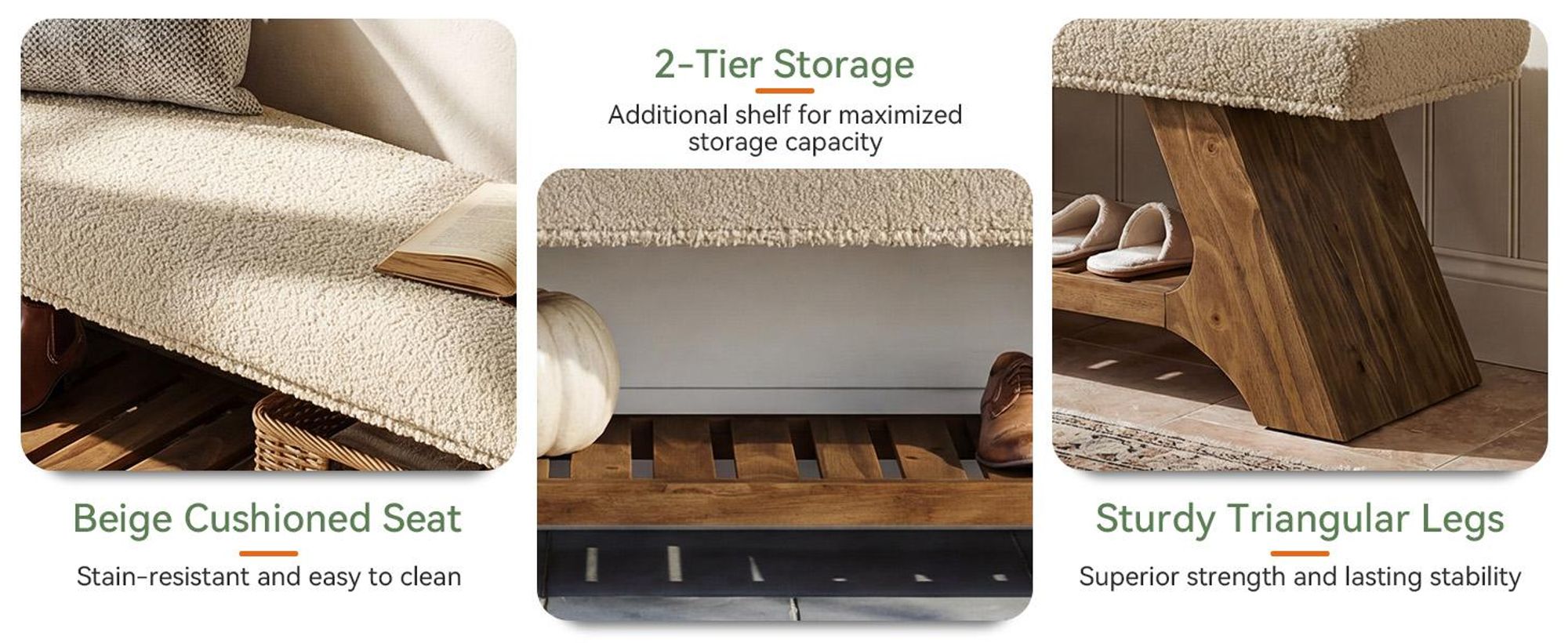 140 cm lange Sitzbänke mit Kissen und Schuhablage, zweistufige Schuhbank, gepolsterte Eingangsbank im Landhausstil für Schlafzimmer oder Flur
