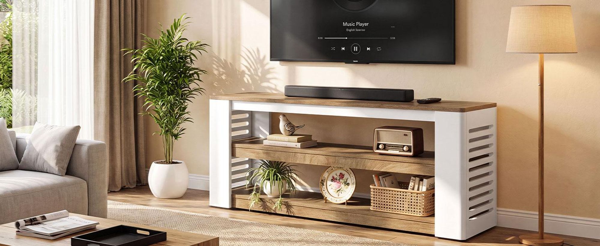 160cm TV-Ständer im Landhausstil für 55/60/65/75-Zoll-Fernseher, Medienkonsole mit 3 Ablagefächern und Lattenrost-Seitenwänden, Konsolentisch aus Holz