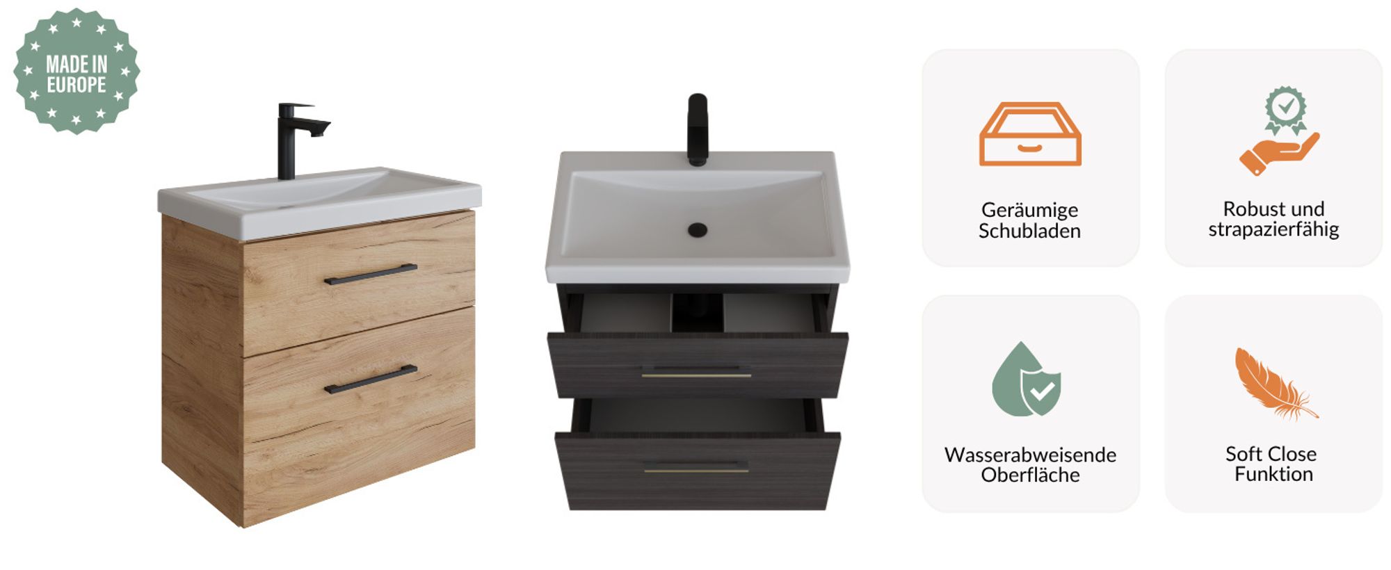 Planetmöbel Badmöbel-Set Waschtisch mit Unterschrank 63 cm & 2X Midischrank für Badezimmer, Gäste Bad & WC, Sonoma Eiche