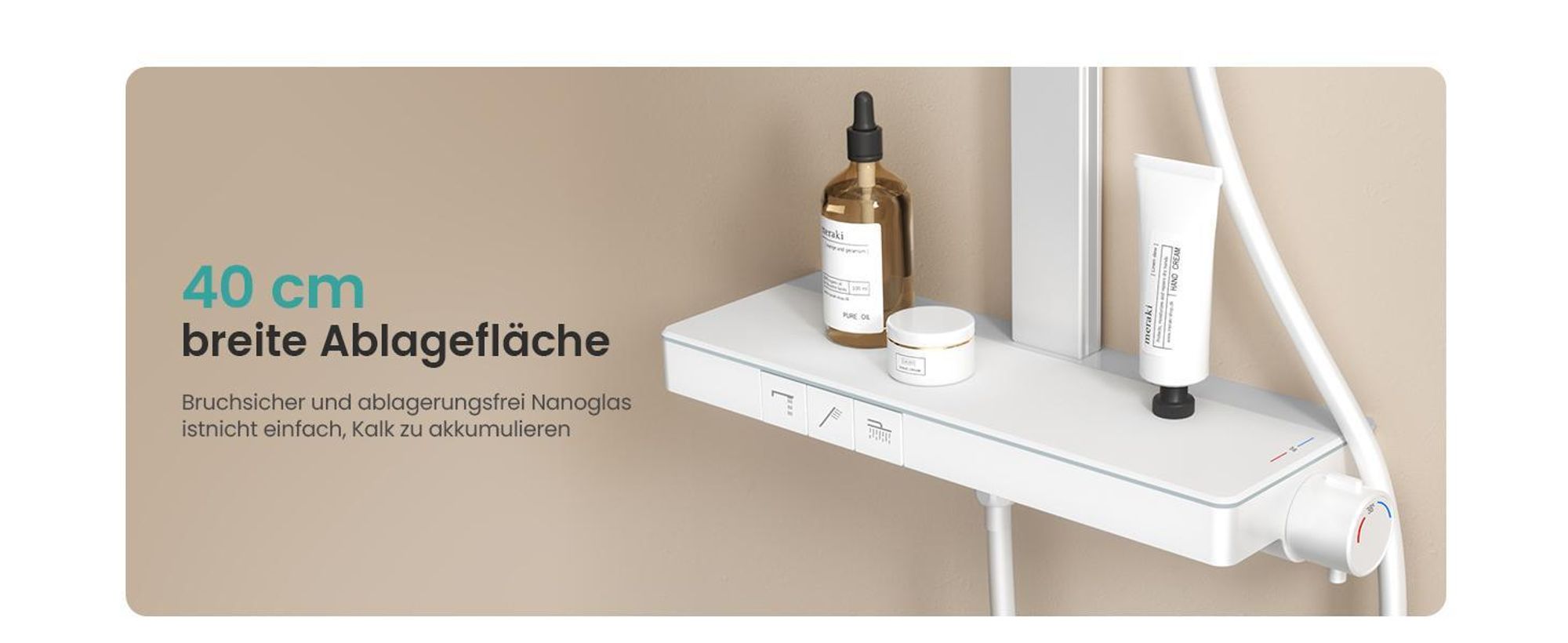 EMKE Duschsystem mit Thermostat, 36x24cm Regenduschkopf, Regendusche mit Glasablage, Handbrause mit 4 Strahlstärken, Bad- & Duscharmaturen, Weiß Matt