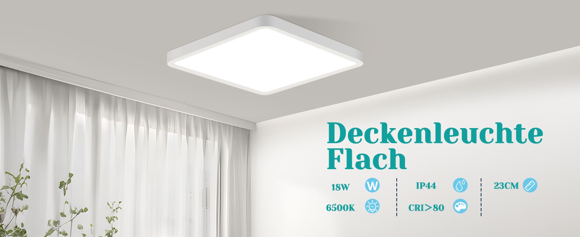 ZMH Deckenlampe LED Deckenleuchte Flach 23CM Badezimmerlampe Weiß 18W Flurlampe Deckenbeleuchtung Schlafzimmer 6500K Küchenlampe Eckig Badlampe