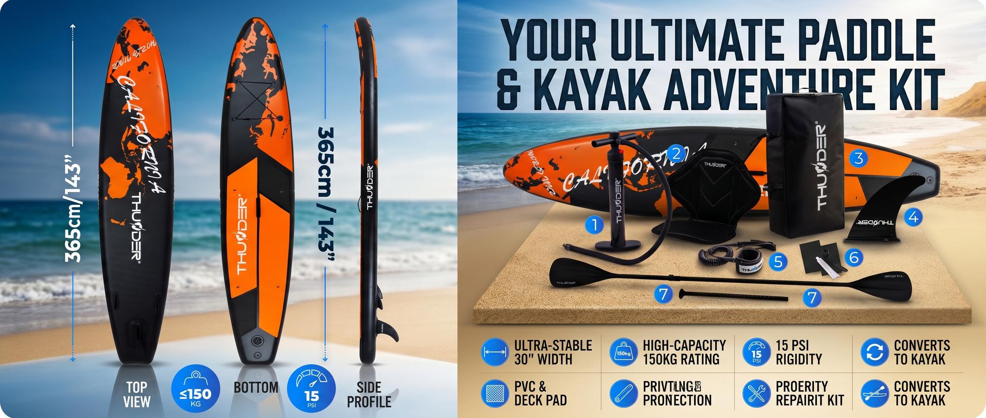 Thunder Earth Stand Up Paddle Board 365 x 75 x 15 cm Orange 150 kg