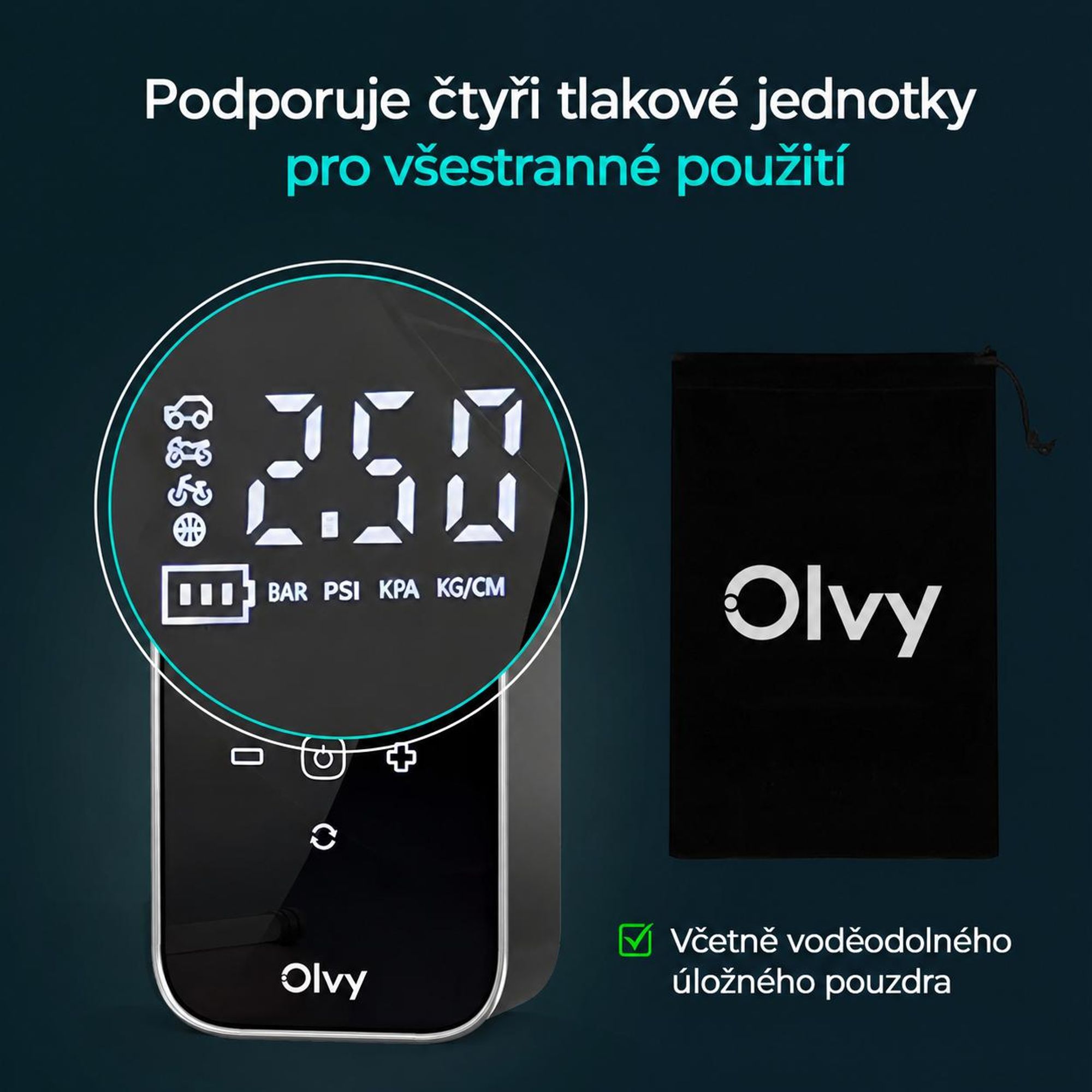 Olvy Elektrická vzduchová pumpa s powerbankou 6000 mAh - 12V mini kompresor do auta, na kolo, míče, nafukovací matrace, displej, LED, automatické vypnutí