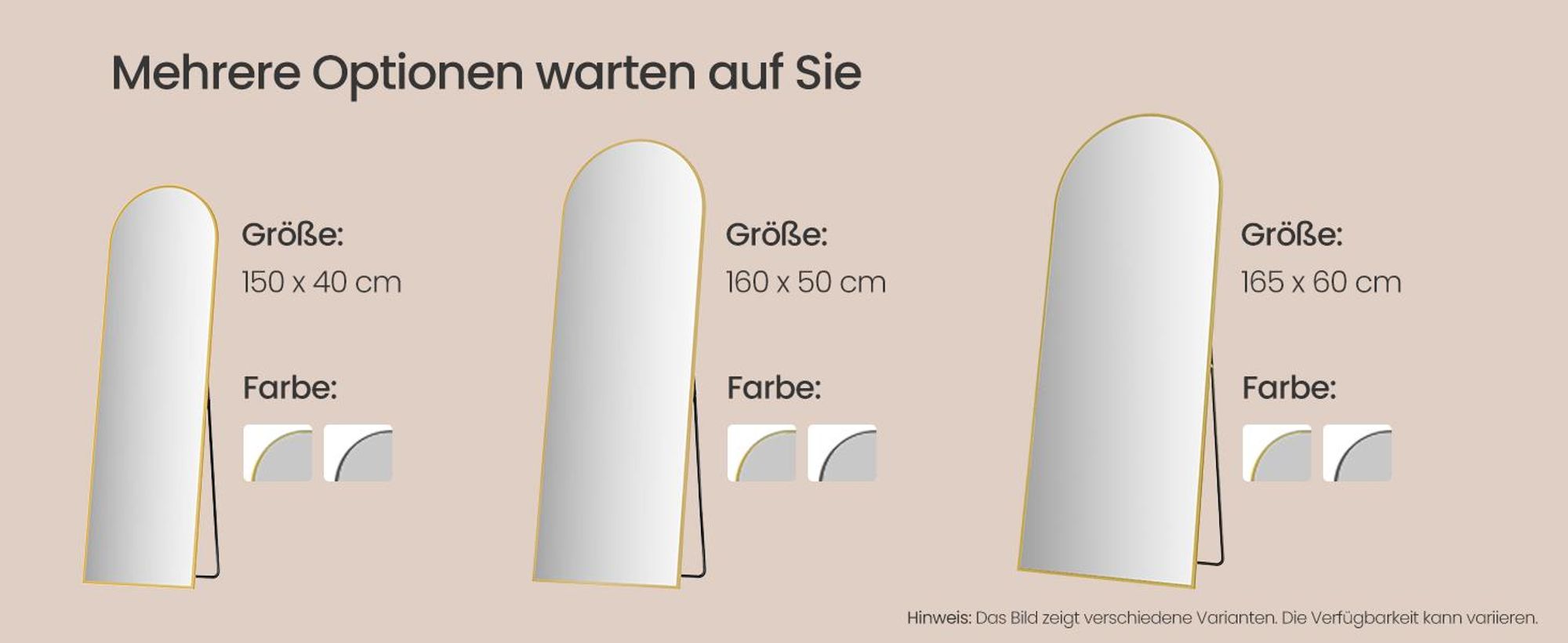 Ganzkörperspiegel, Spiegel gebogen, stehend oder wandmontiert, für Wohnzimmer, Schlafzimmer, 150 x 40 cm, gold