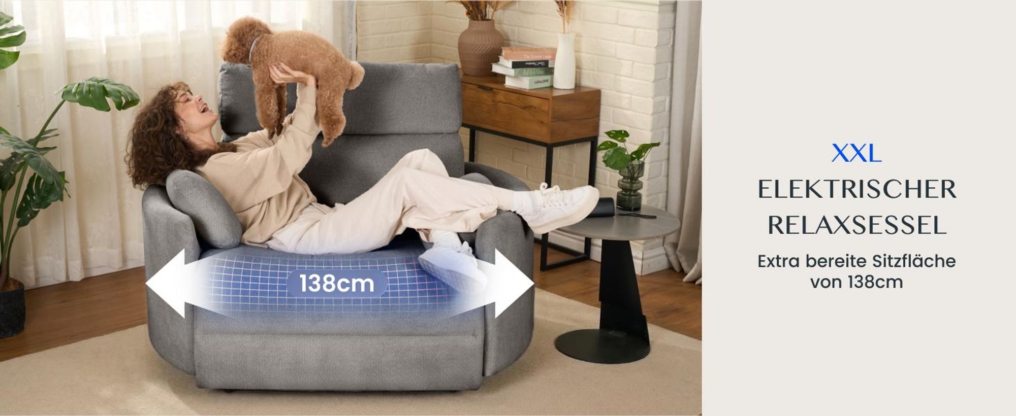 FLEXISPOT Mochi Pro Zero-Wall XXL Elektrischer Relaxsessel, 1,5-Sitzer mit 138 cm Sitzbreite, Fernsehsessel für Große&Schwere, Klemmschutz&USB-C, Grau