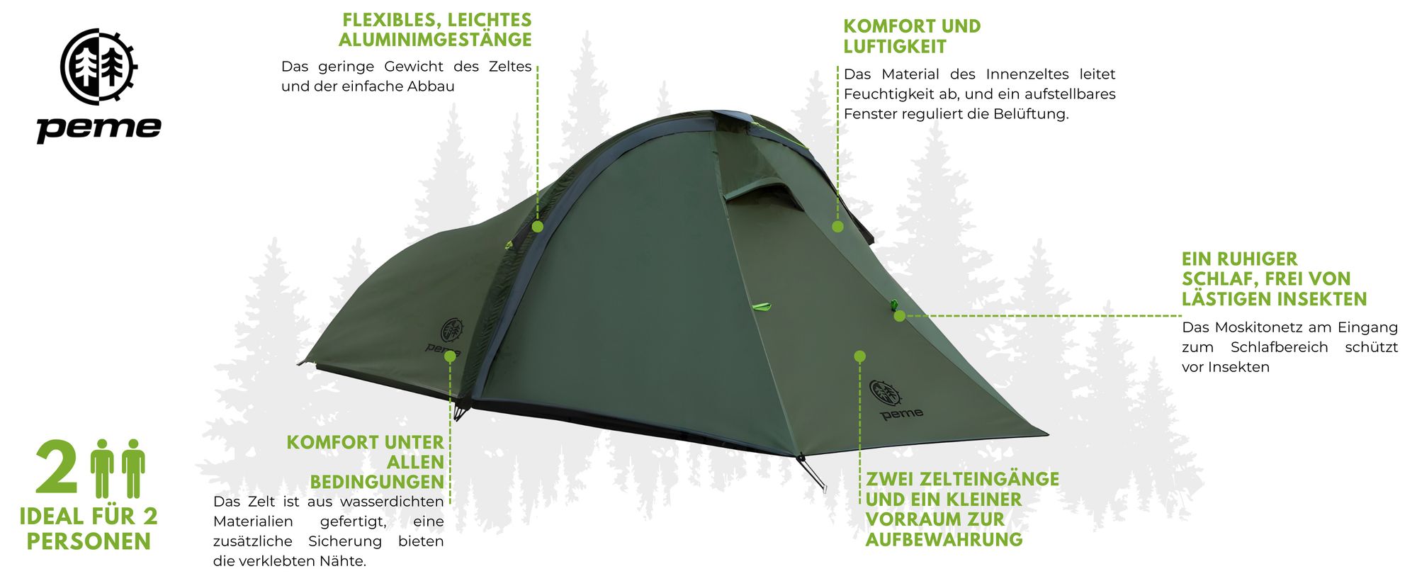 PEME Forest 2 Personen Zelt Campingzelt Trekkingzelt Ultraleicht 2,47 kg Wasserdicht 4000mm Aluminium Kuppelzelt Igluzelt Backpacking Outdoor Festival