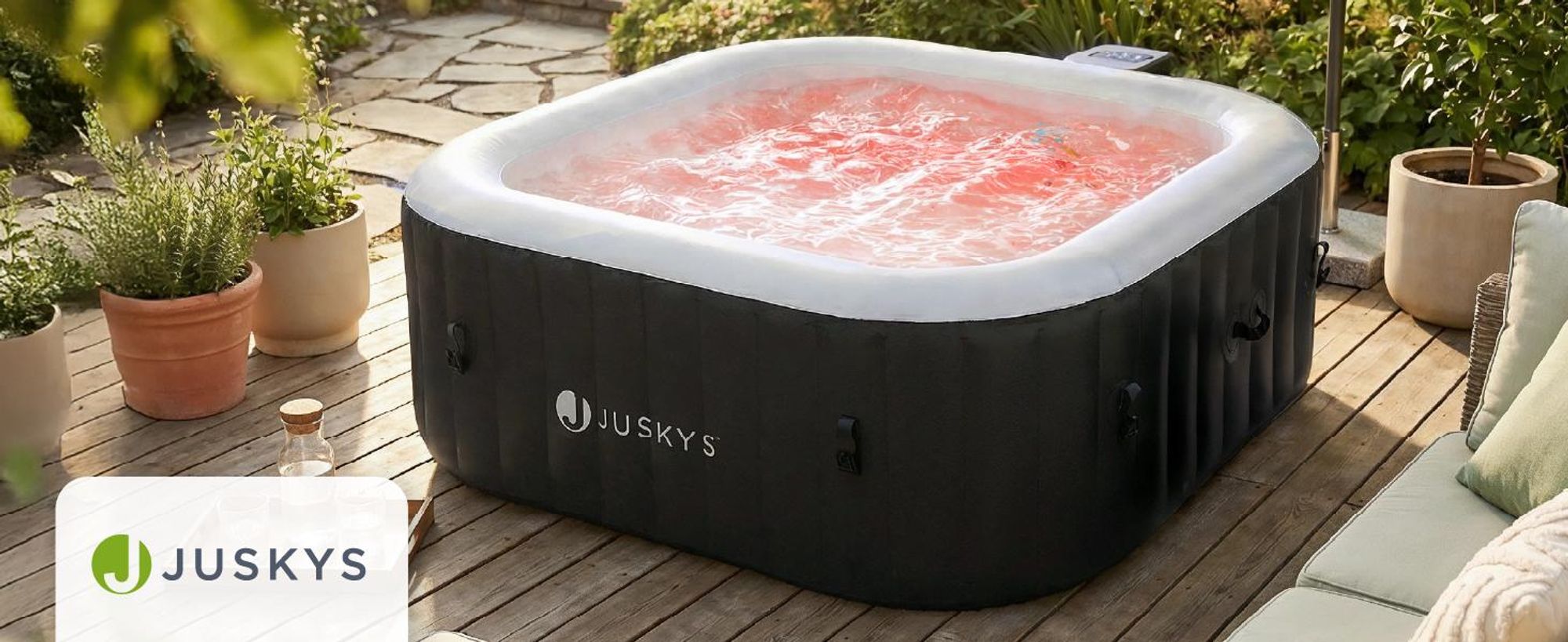 Juskys® Whirlpool SpaLuxe inkl. LED-Beleuchtung Schwarz/Weiß - 3000W, 130 Düsen, aufblasbar