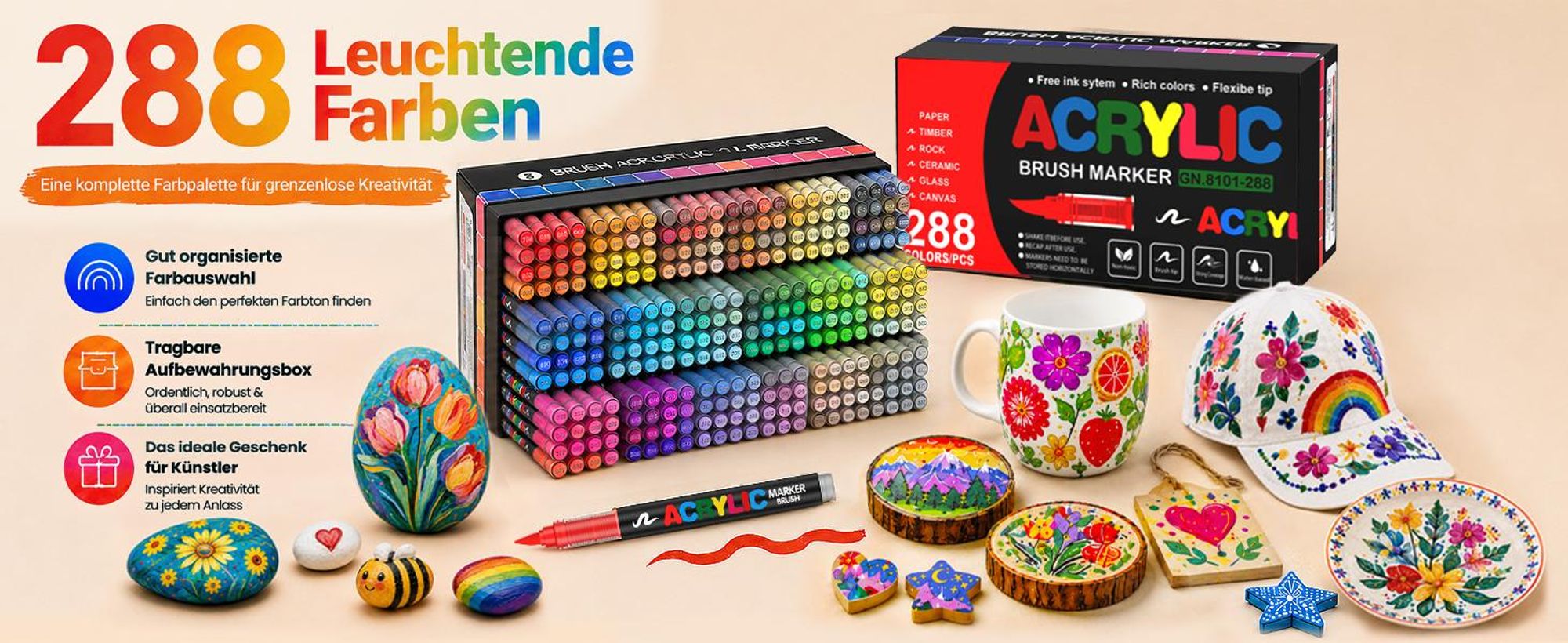 Acrylstifte, 288 Farben Graffiti Stifte, Markerstifte, Permanent Acrylic Marker, für Steinen, Glas, Leinwand, Keramik, Holz
