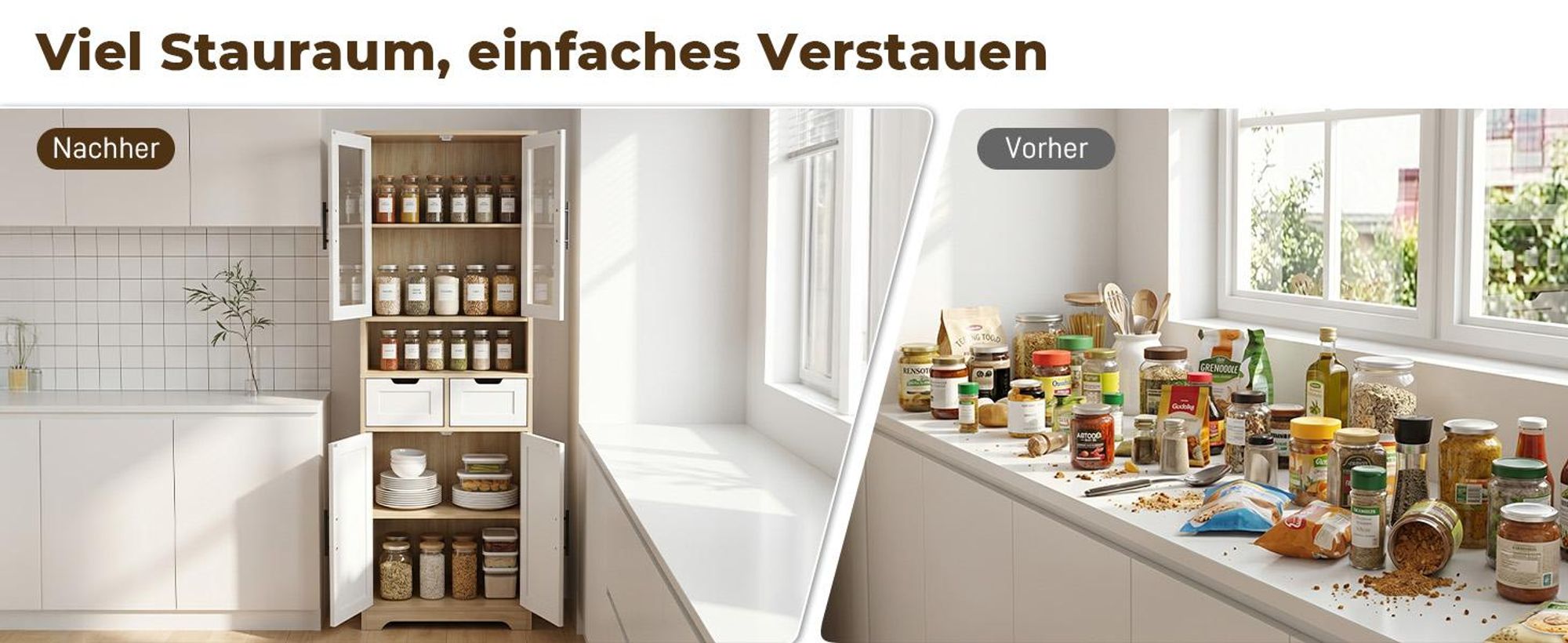 FCH Küchenunterschränke,Vorratsschrank, mit 4 Türen und 2 Schubladen,60 x 30 x 170cm, Weiß + Eichenoptik