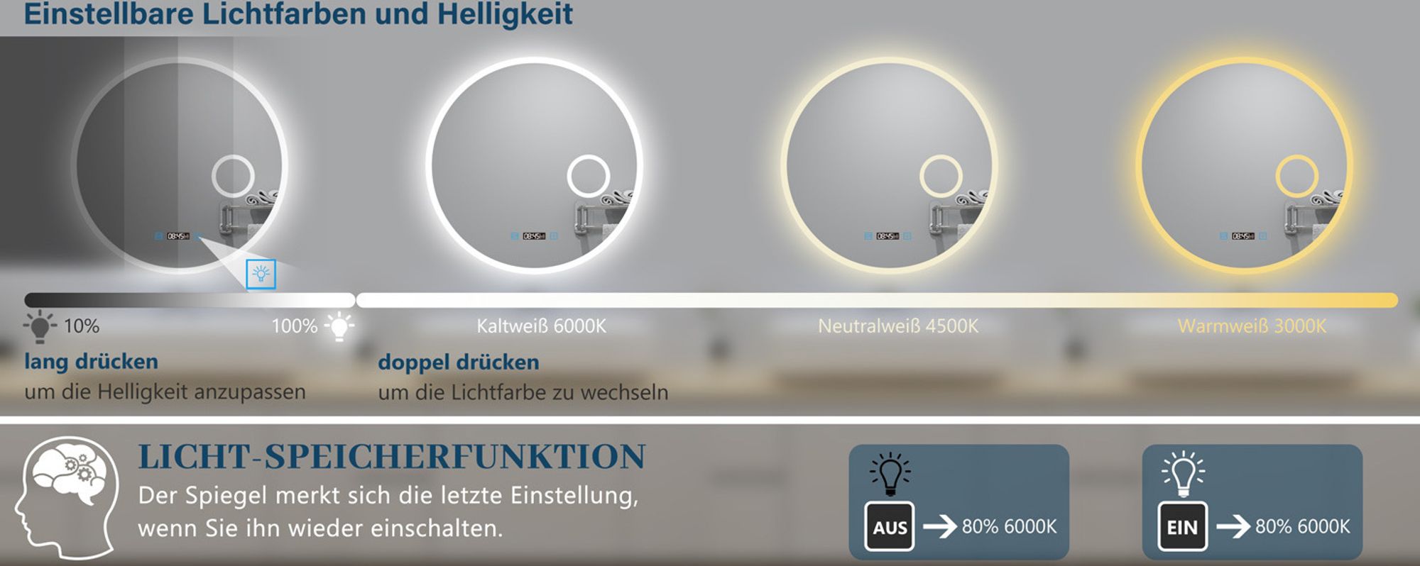 AICA LED Badspiegel Rund 70cm mit Touch/Wandschalter Beschlagfrei Kalt/Neutral/Warmweiß Dimmbar Badezimmerspiegel mit Uhr und 3-Fach Kosmetikspiegel IP44