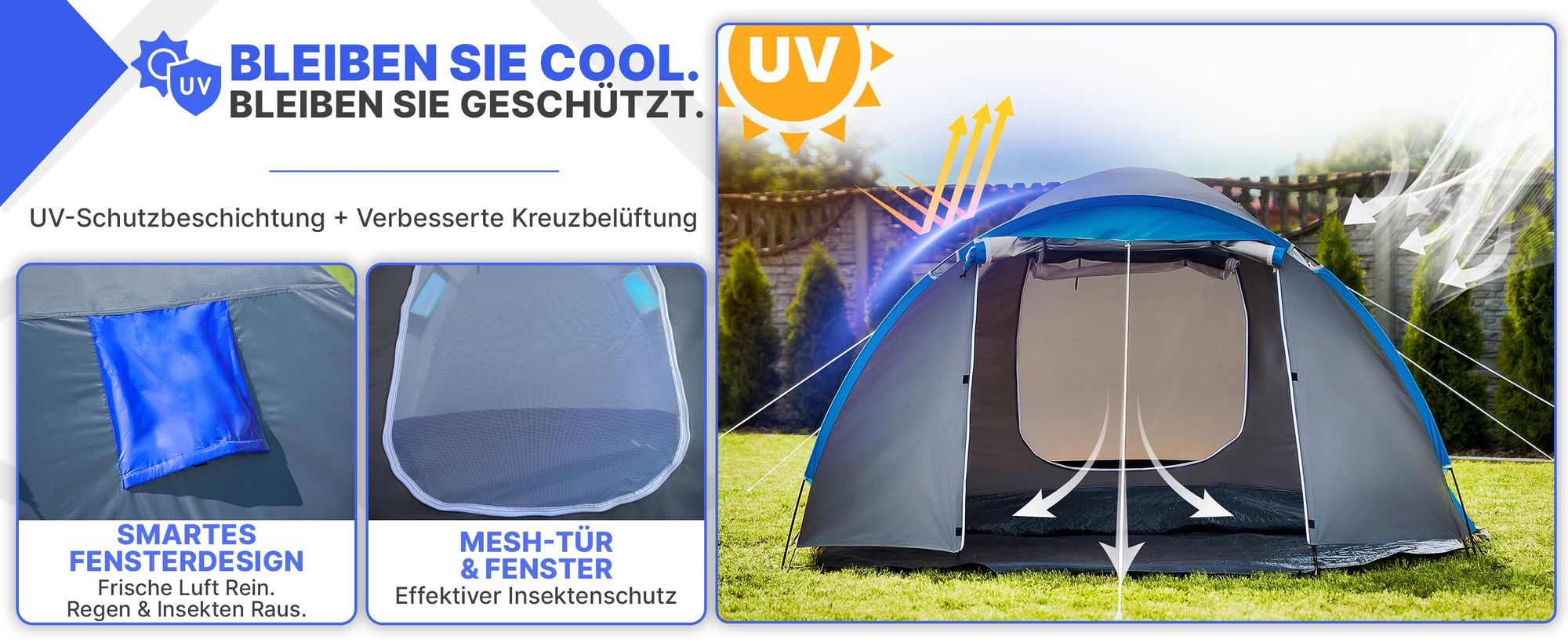 Campela Tropical 4 Familienzelt – 4-Personen-Touristenzelt mit Vorraum, wasserdicht 3000 mm, graues Polyester