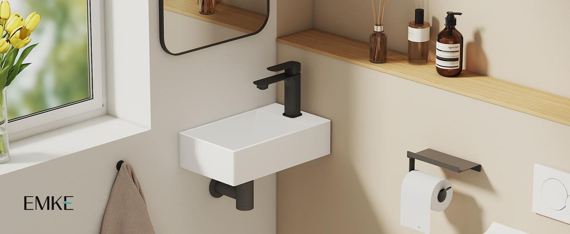 EMKE Waschbecken wandhänged Keramik Rechteckig 380x220mm Weiß Glänzend Platzsparendes Handwaschbecken für Gäste-WC & kleines Bad