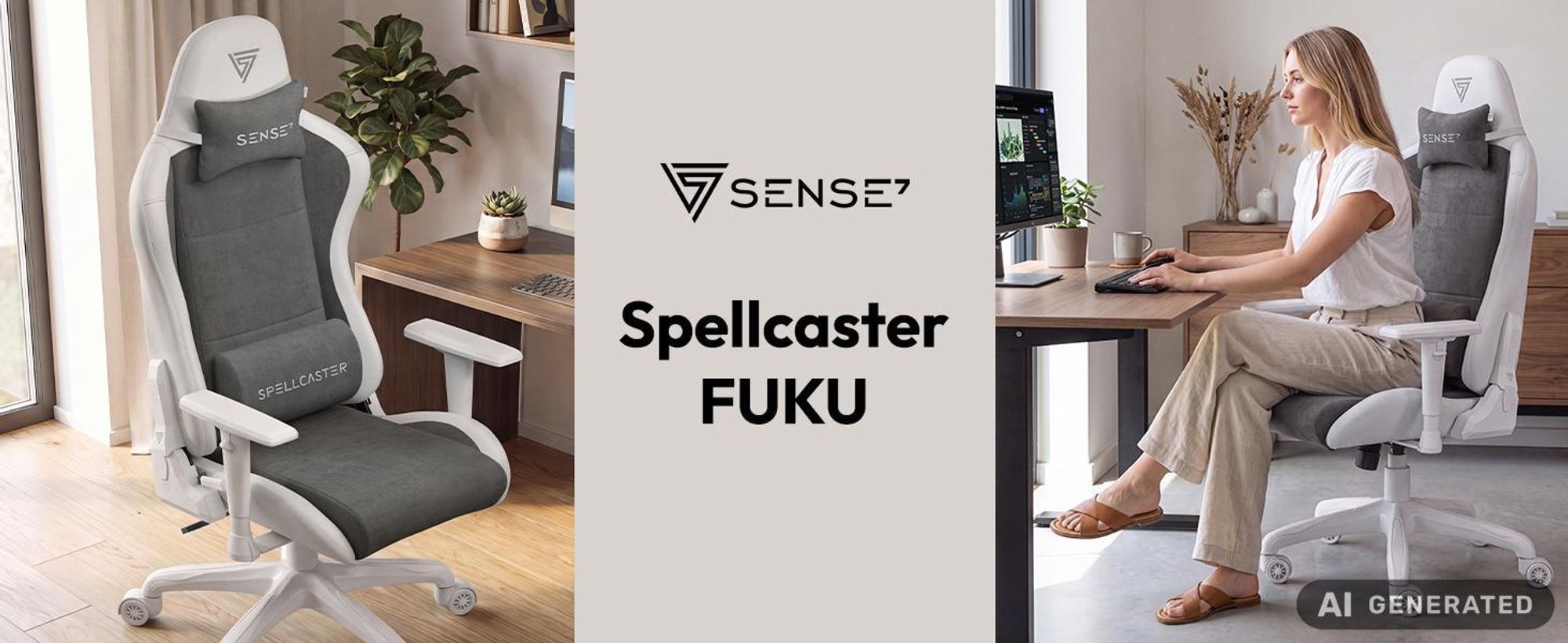 Sense7 Zaklínač FUKU: fotel gamingowy, krzesło gamingowe, krzesło biurowe, ergonomiczne krzesło biurowe, obrotowe krzesło, udźwig 120 kg, kolor biały i szary