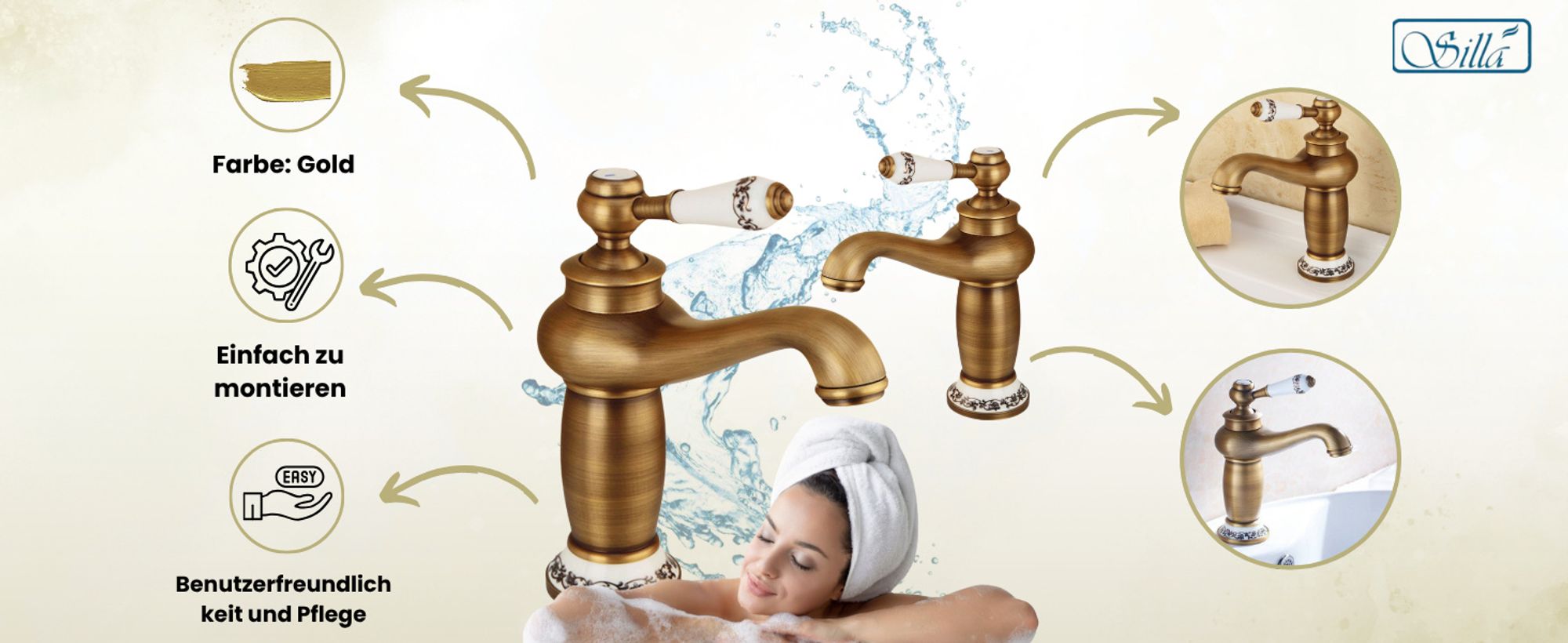 Silla, Gold, Armatur, Bad, Spültischarmatur, Wasserhahn Bad, Wasserhahn, Messing