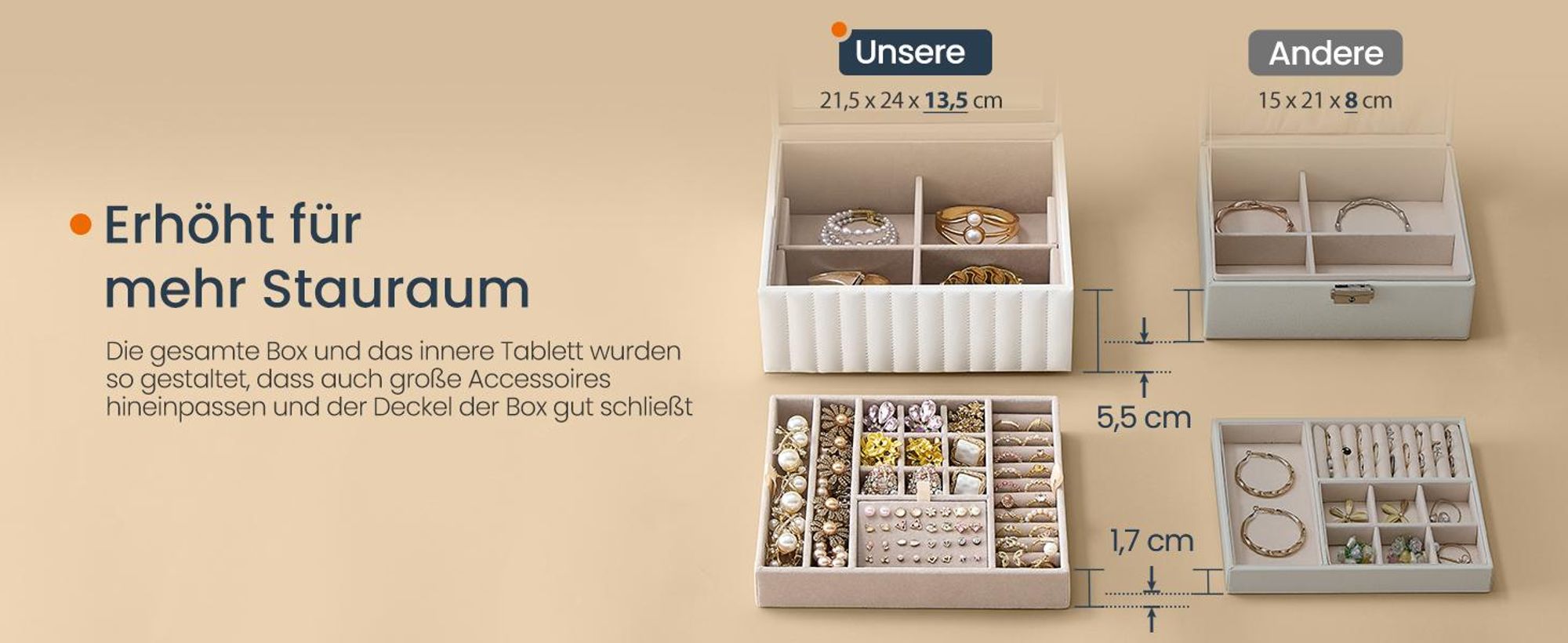 SONGMICS HOME ANAH Kollektion - Schmuckkästchen 2 Ebenen, mit Spiegel, flexibles Schmucktablett