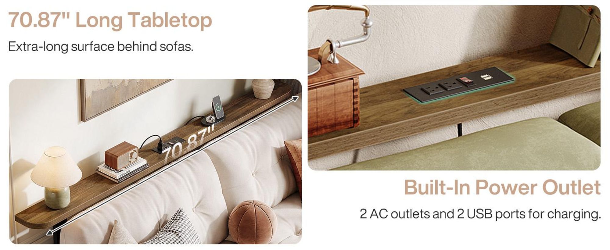 180 cm langer Konsolentisch für hinter das Sofa mit Steckdosen – schmaler Sofatisch, mit Metallgestell und Kippschutz– Rustikales Braun & Schwarz