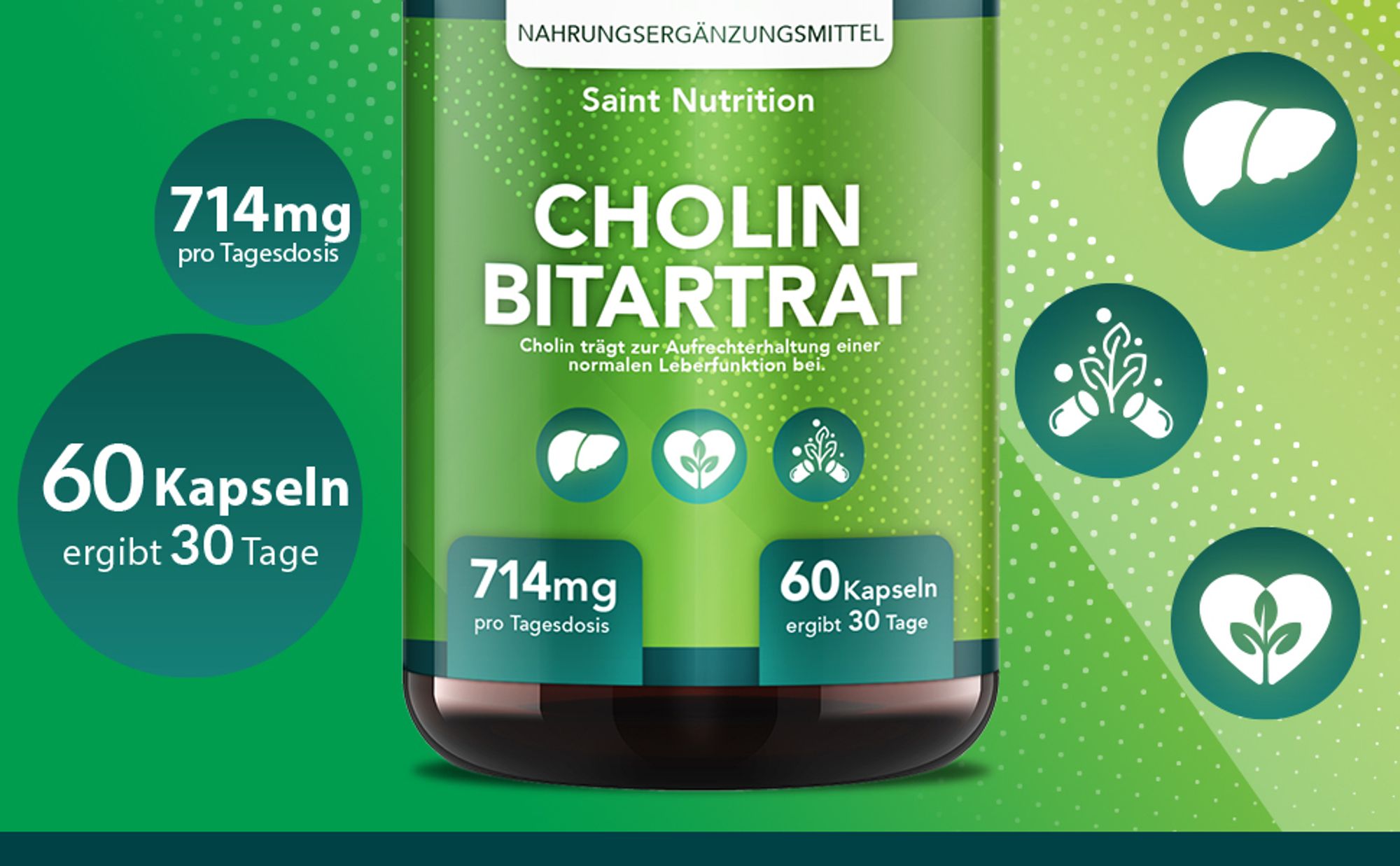 Saint Nutrition® Cholin Bitartrat – Appеtitzügler - Hochwertige Cholin - Kapseln für Ihre Gesundheit – für Männer und Frauen – 60 Kapseln