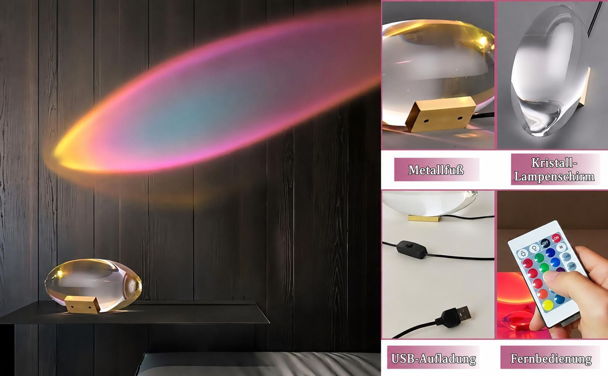 16-Farben-Kristalllampe, kleine LED-Tischlampe, Nachtlicht, mit Fernbedienung, fünf Helligkeiten, geeignet für Schlafzimmer-Wohnzimmer-Partydekoration