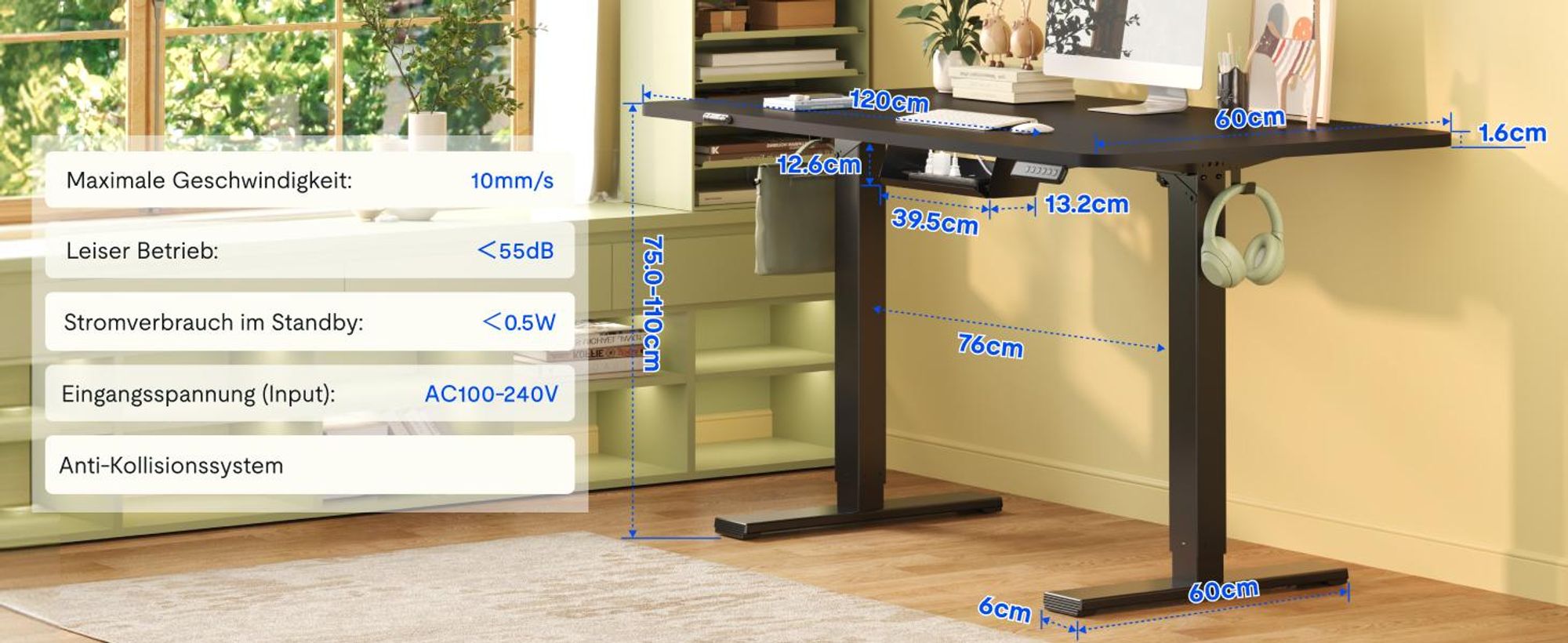 FLEXISPOT EN1 Höhenverstellbarer Schreibtisch 120x60cm elektrisch mit einteiliger Tischplatte, Kabelmanagement und Haken, 4 Memory-Funktion (Schwarz)