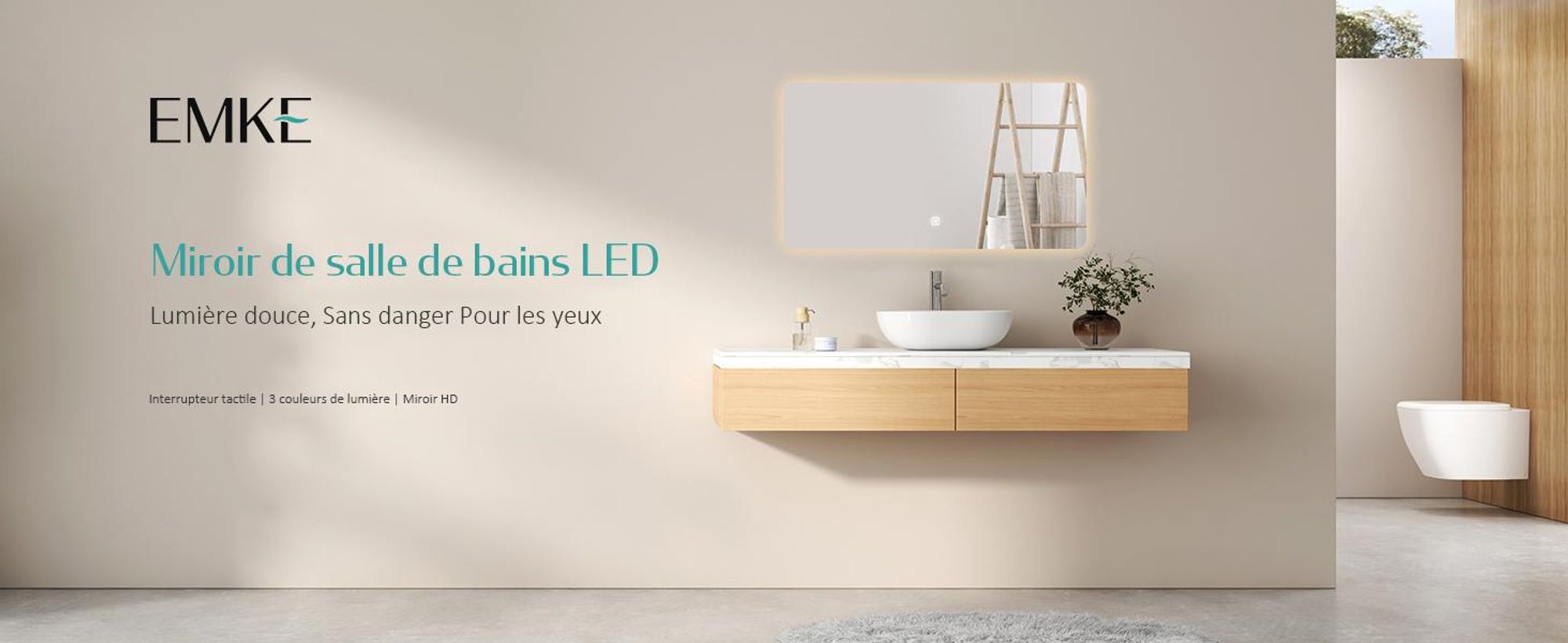 EMKE Miroir de salle de bain LED 100x60cm avec éclairage 3 couleurs de lumière blanc froid neutre blanc chaud Miroir de salle de bain lumineux avec interrupteur tactile