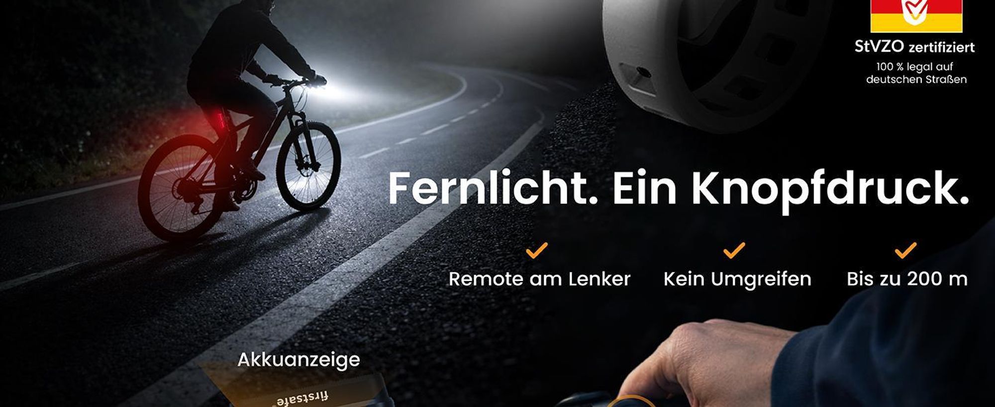 firstsafe® Fahrradlicht Set Front- & Rücklicht mit Fernlicht, Bremslicht & Akku