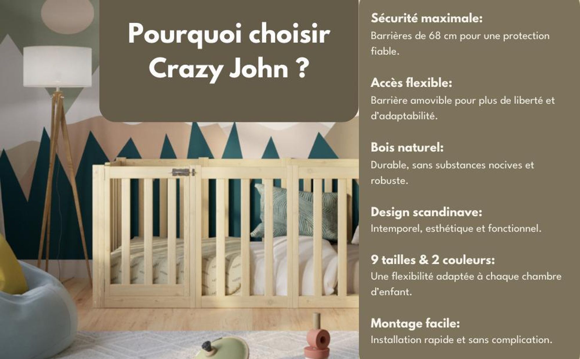 Crazy Pine Lit d'enfant 120x180 cm - Bois naturel - Lit au sol Montessori avec haute protection contre la chute 73cm et barrière ouvrable - Crazy John