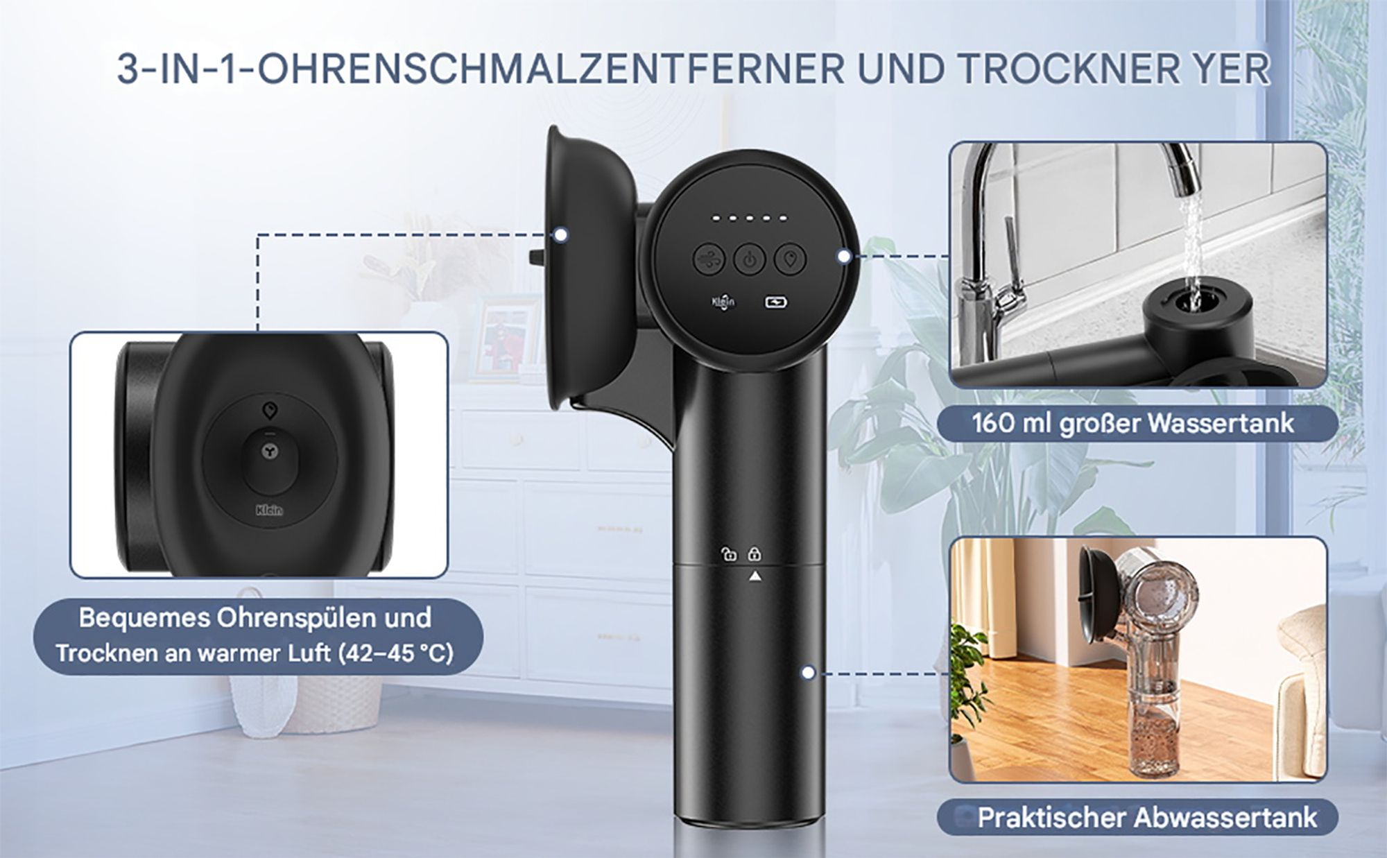 Ohrenschmalz-Entfernungsset, Ohrenreiniger mit 5-Druck-Bewässerungsspülsystem, sicheres Ohrenreinigungsset mit Warmlufttrockner, wiederaufladbarer
