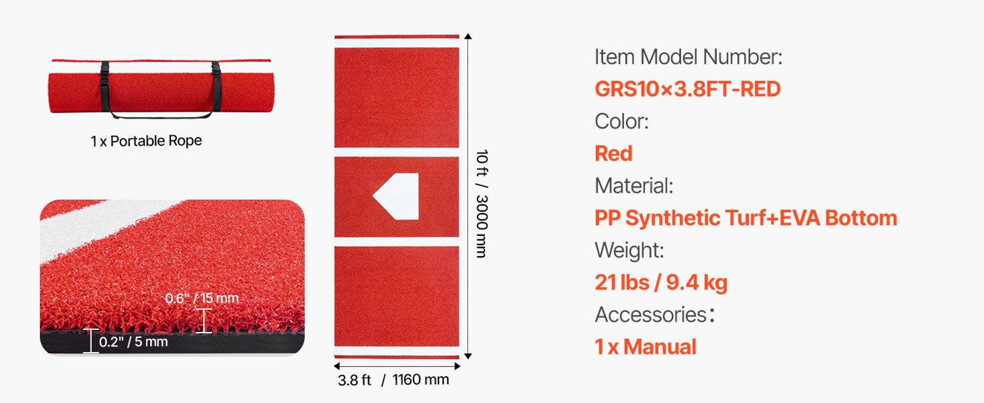VEVOR Baseball Schlagmatte, 366x183cm Schlagkäfigmatte, Schlagbox Rasenmatten, Softball Schlagtraining Equipment mit Home Plate und farbechtem Rasen, tragbare Trainingshilfe für drinnen und draußen, Rot, 300x116 cm-Rot
