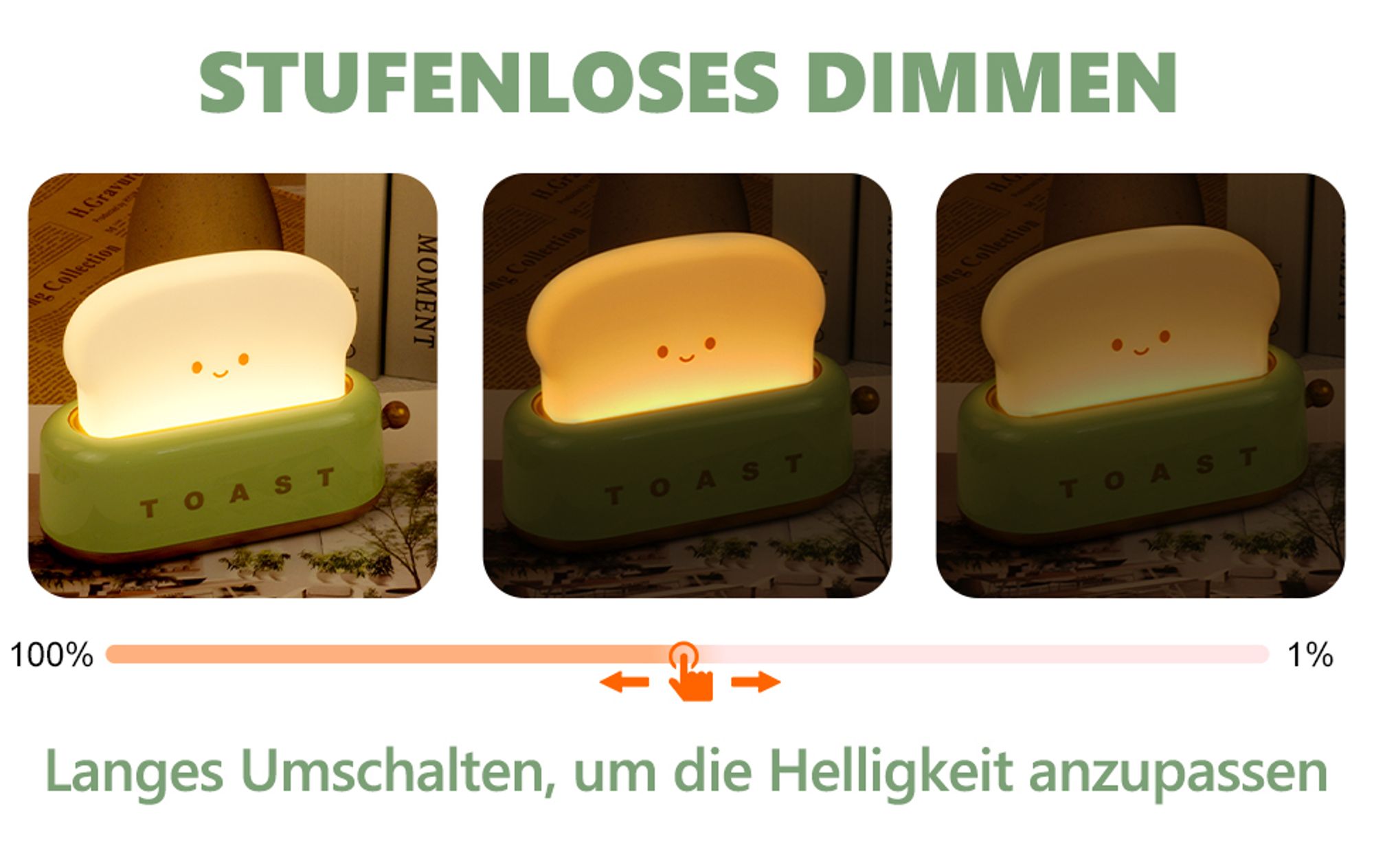 Toast Nachtlicht Kinder, Süßes LED Nachtlicht mit USB Wiederaufladbar und Timer, Weihnachtsgeschenk Schlafzimmer-Nachttischlampe(Grün)