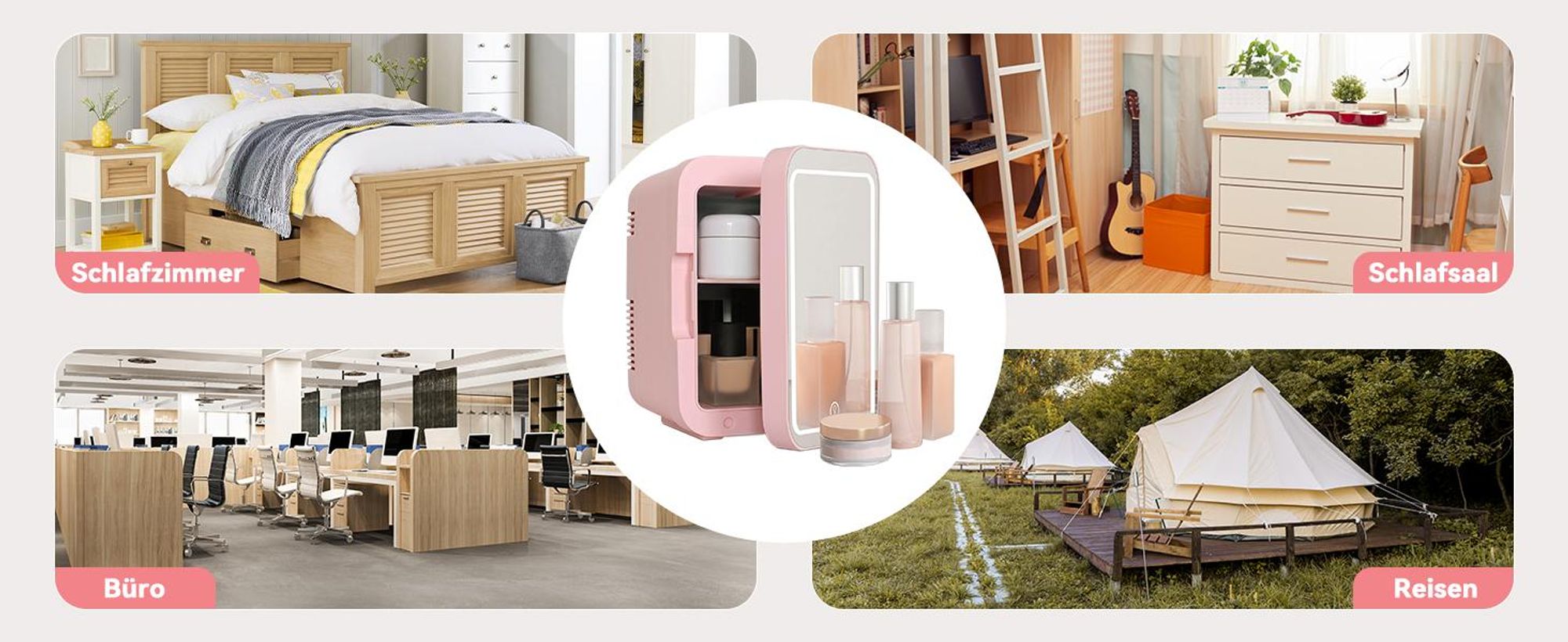 Puluomis Mini Kühlschrank 4L mit LED Spiegel tragbar für Kosmetik, Kühlbox Warmbox rosa pink