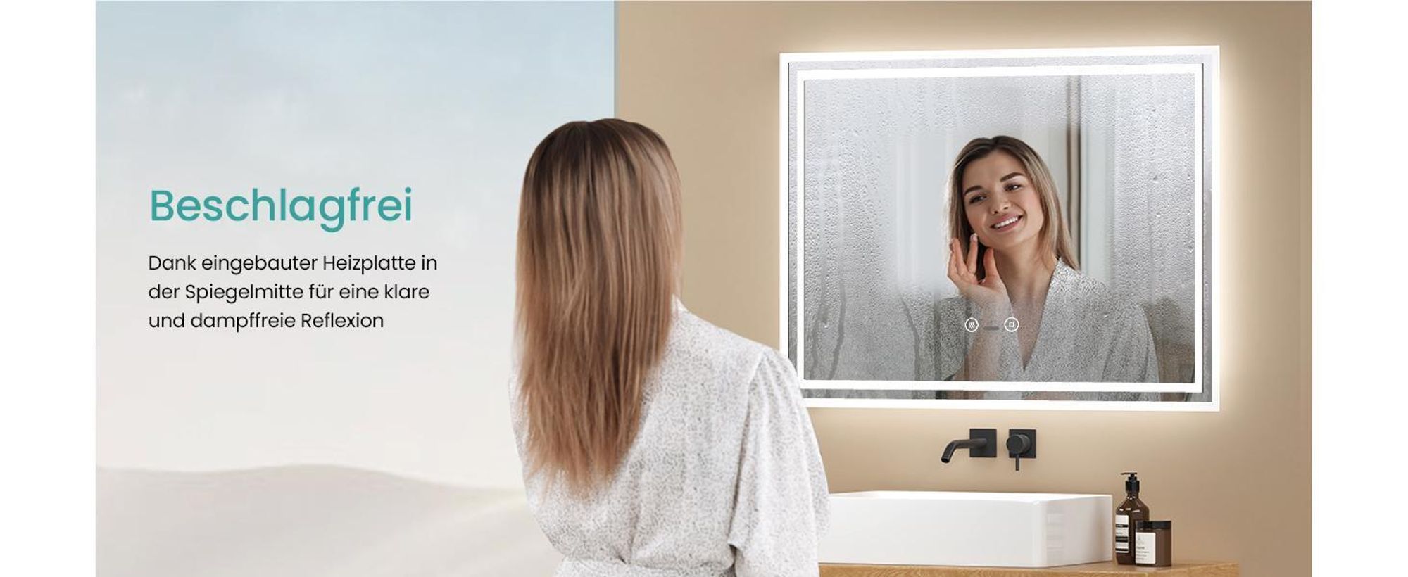 EMKE LED Badspiegel mit Bewegungssensor 80x60cm mit Touch, Beschlagfrei, 3 Lichtfarbe dimmbar, 1 Stunden automatische Abschaltung IP44 energiesparend