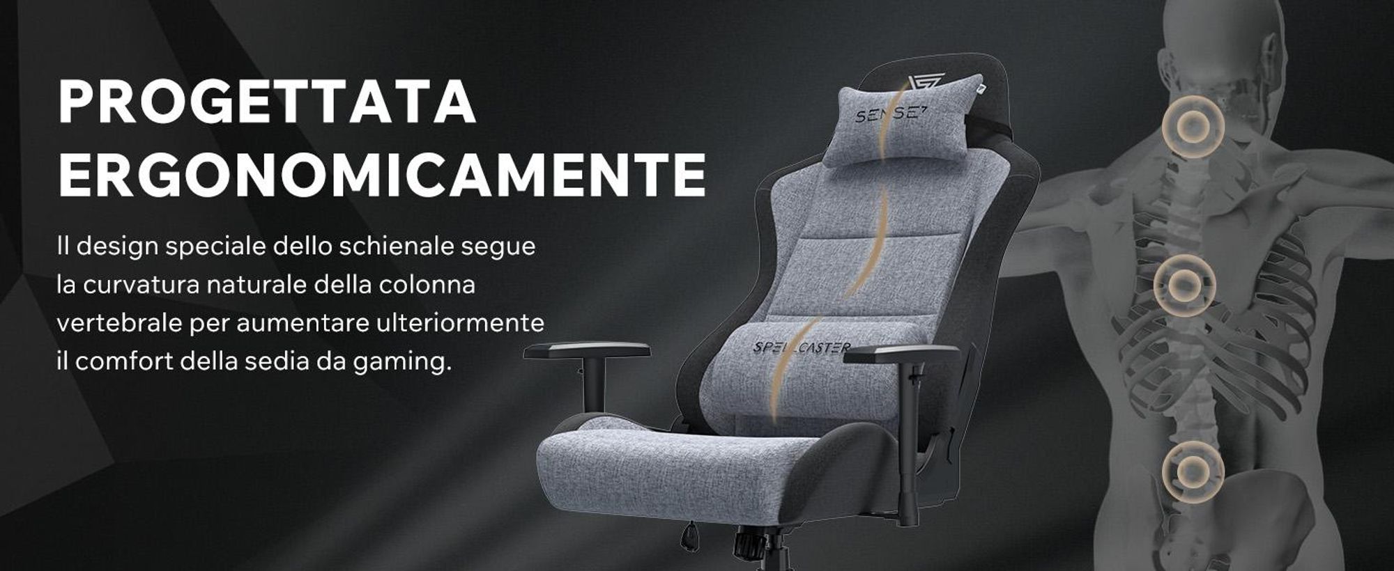 Sedia da gaming SENSE7 Spellcaster FUKU XL in tessuto grigio e nero - Sedia da ufficio ergonomica, adatta a pesi fino a 160 kg, con funzione di oscillazione e rotelle per pavimenti duri