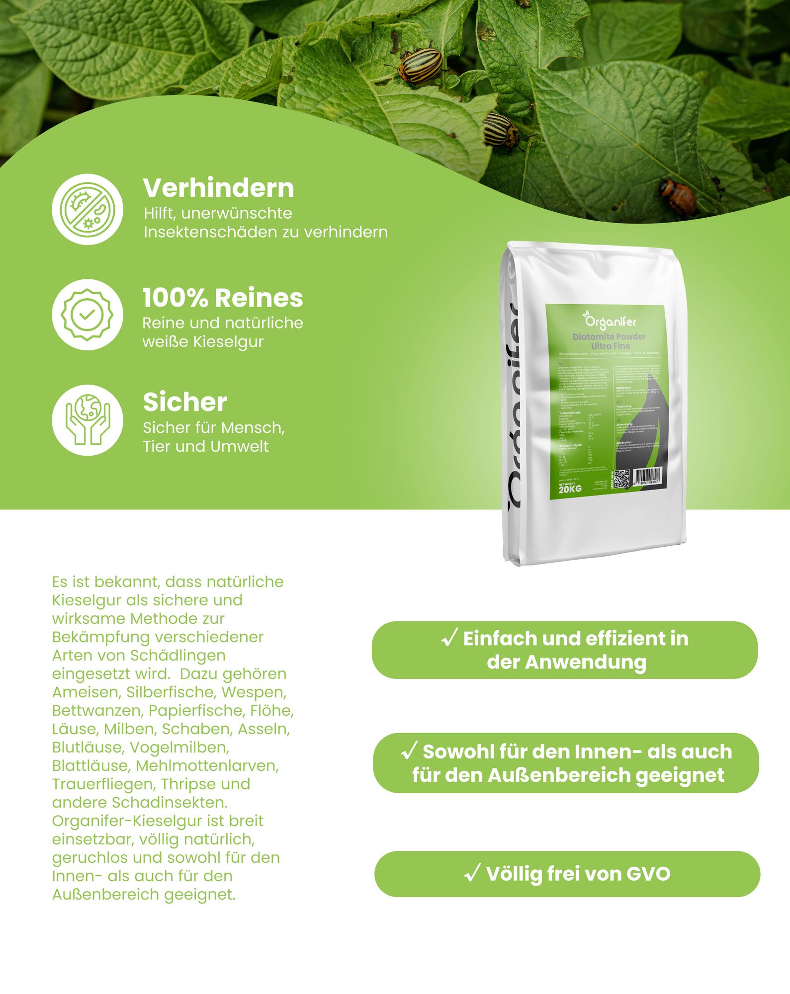 Kieselgur - 100 % reines - ultrafeines Pulver (50-Liter-Sack - 20 kg)- Organifer