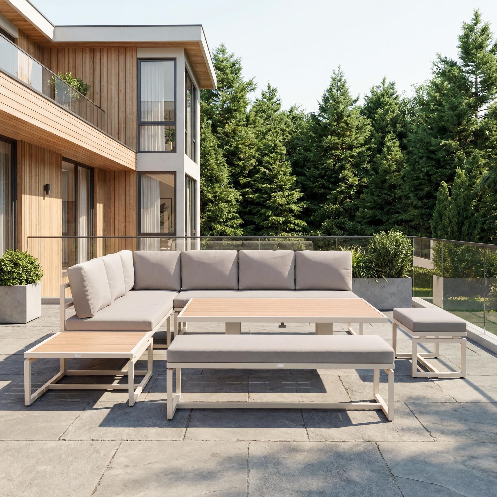 di volio Gartenmöbel Set MERUZO, Sitzgruppe Outdoor mit höhenverstellbarem Tisch, Gartengarnitur 6-teilig mit Sofa, Ecksofa und Bank, wetterfest, Beige