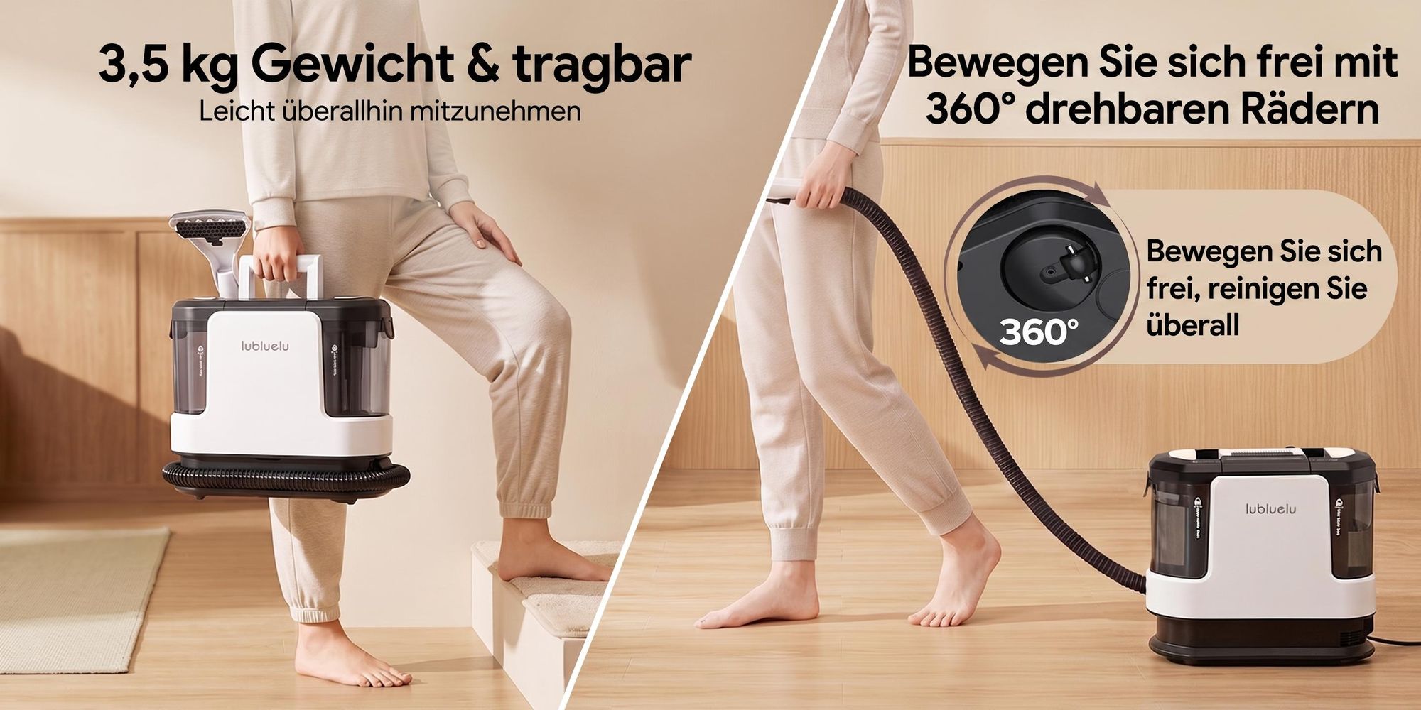 Lubluelu V11 Polsterreiniger Waschsauger Teppichreiniger 30KPa Dampffunktion 4 Modi 1900W mit 1,9L+1,1L Doppeltank für Sofa Auto Matratze Touchdisplay