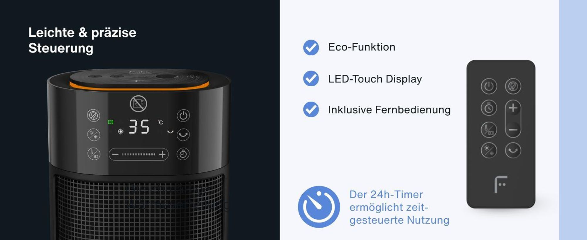 Fakir HT 1000 Heizlüfter mit Luftbefeuchter, energiesparend, leise, Oszillationsfunktion 80°, Timer, LED Touch Display, Überhitzungsschutz