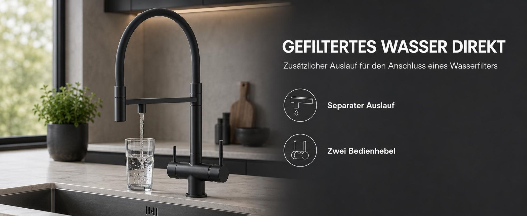 3-Wege Küchenarmatur HighFlex  mit Wasserfilter-Anschluss, herausziehbare Brause, 360° schwenkbar, getrennte Wasserwege, Keramikkartusche Gold