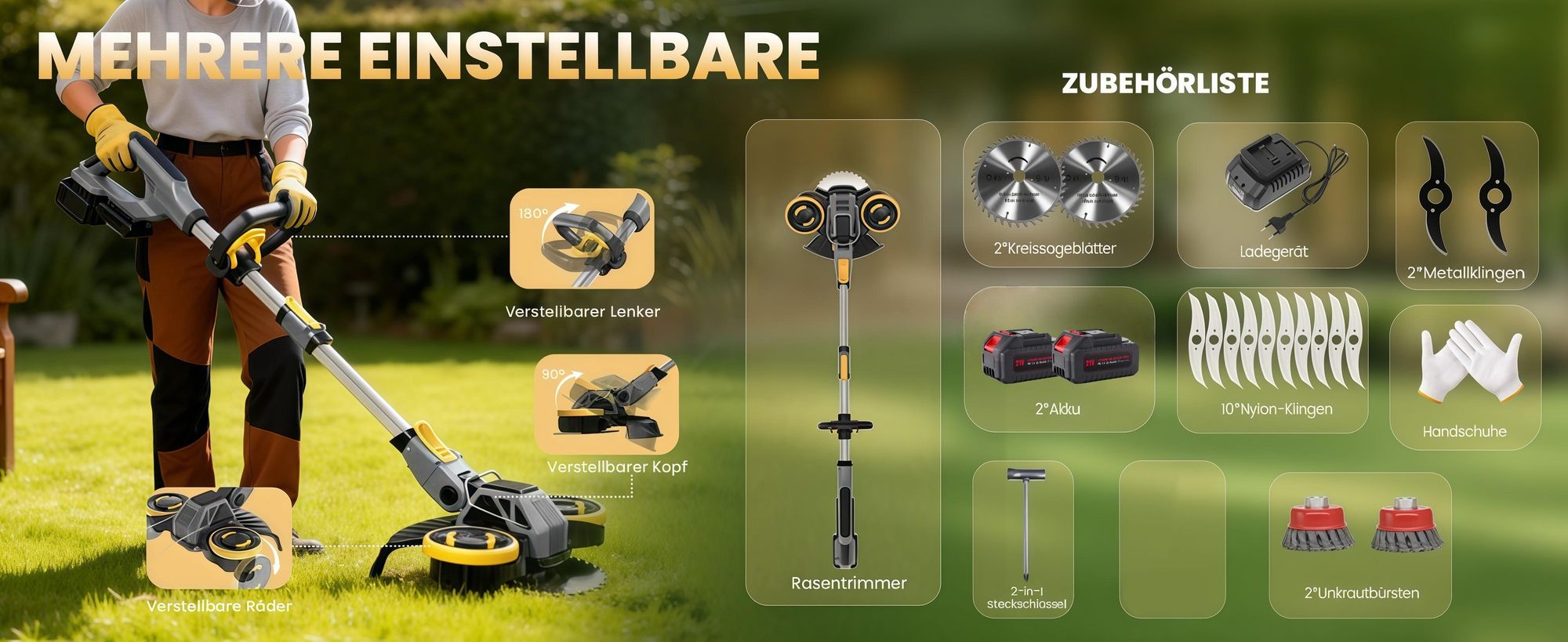 Akku Rasentrimmer, 4in1 Rasenkantenschneider, mit 2× 4000mAh Akku, kompatibel mit Makita-Akkus, Bürstenloser Motor, Gartengerate mit Unkrautbürste