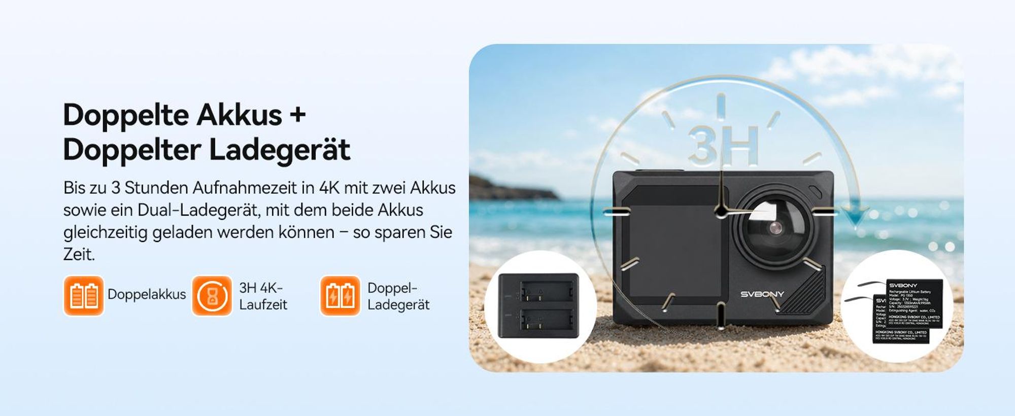 SVbony SVGO2 Action-Kamera 4K/30 fps IPX8 wasserdicht,30m,WLAN, EIS, 2,0-Zoll-Touchscreen, mit Auftriebsstange 2x1350mAh Akkus für Schnorchel, Surfen