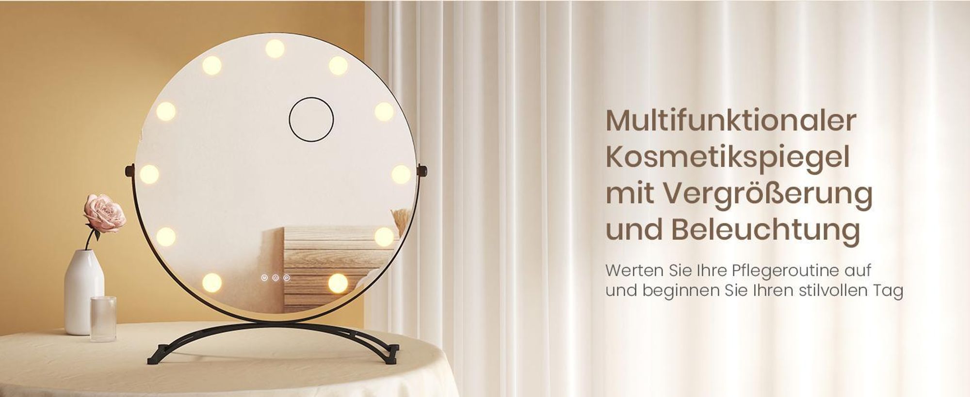 EMKE Kosmetikspiegel Hollywood 58X50cm Rund Schminkspiegel mit LED Beleuchtung und Vergrößerung 7x, 3 Lichtfarben Dimmbar, Schwarz