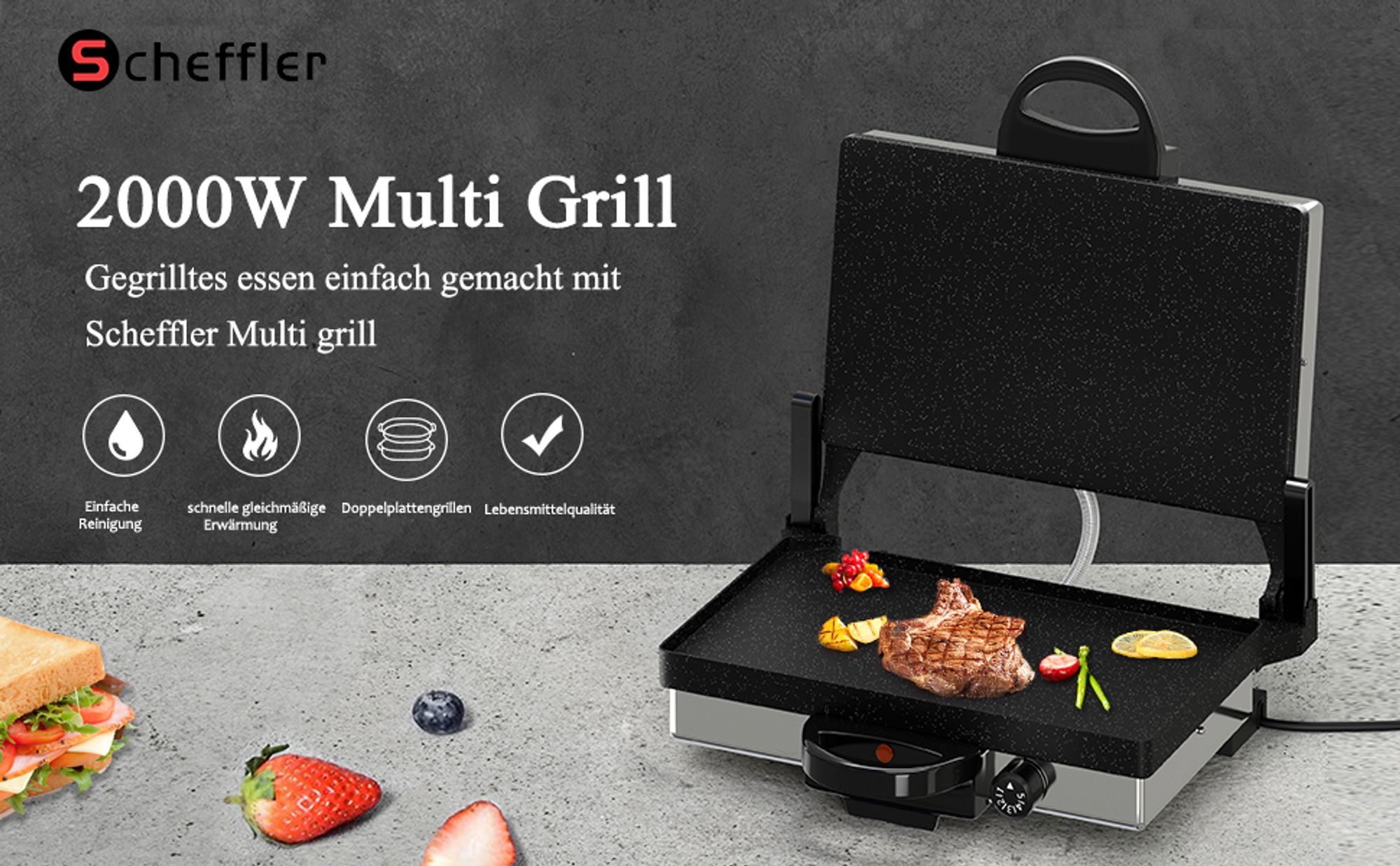 Kontaktgrill, Scheffler 2000W Optigrill, Multi Grill, Lahmacun Makinasi Grill, Toaster Brotmaschin Edelstahl Tischgrill mit Grill Antihaftbeschichtung
