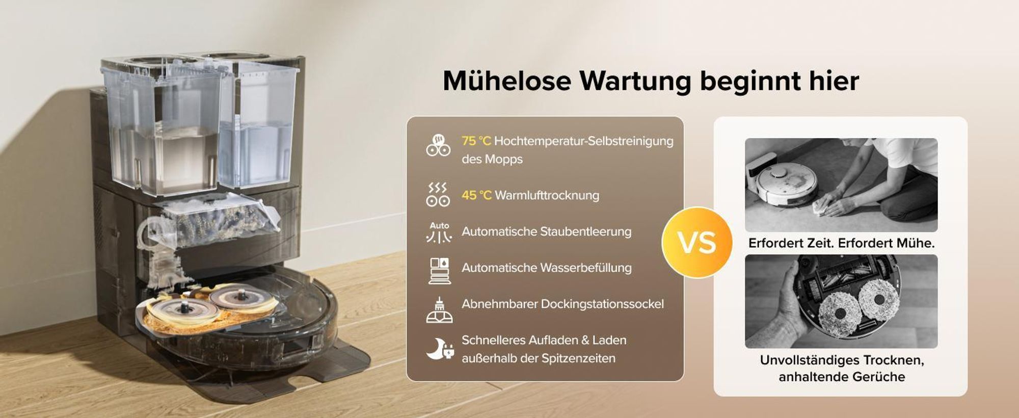 Roborock Qrevo S Pro Set Staubsauger Roboter mit Wischfunktion, 18.500Pa(Upgrade von QV 35A), Anti-Tangle System, 75 °C Heißwasser-Moppwäsche, Schwarz
