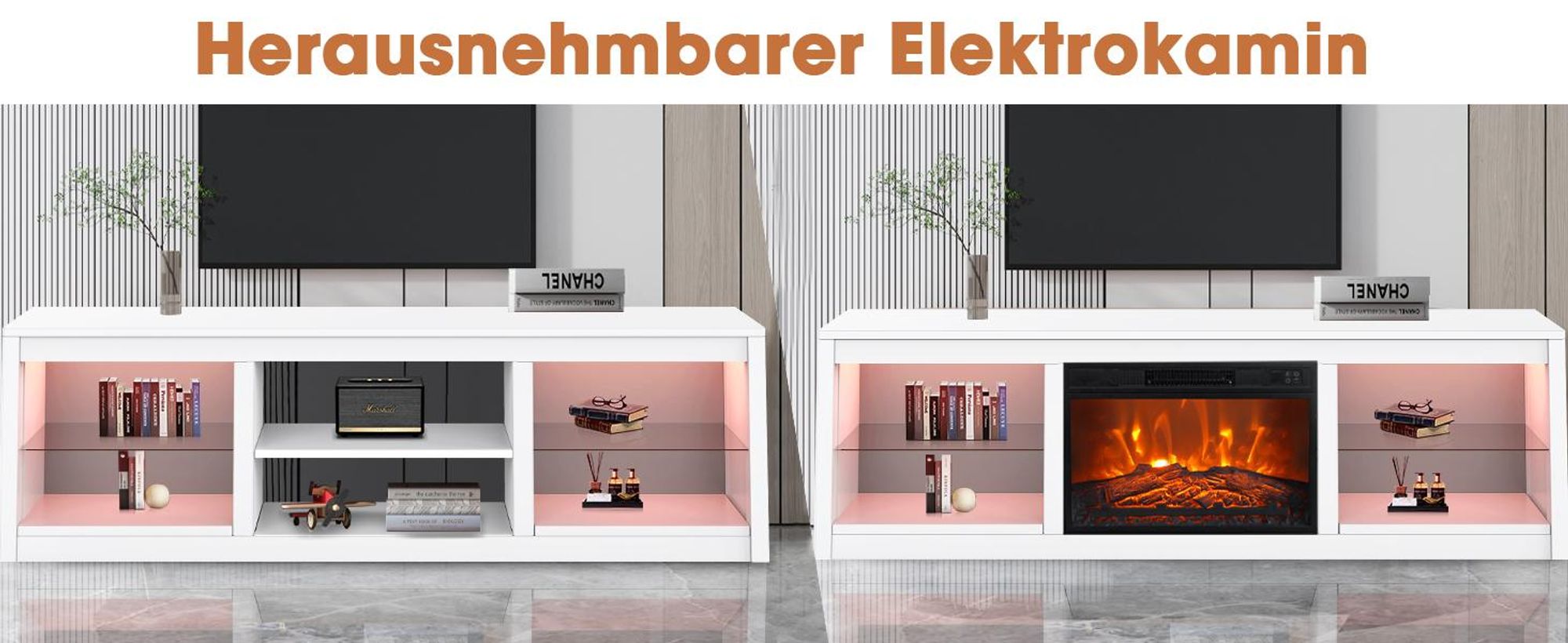 Parrot Uncle TV-Schrank für Fernseher bis 75 Zoll, MDF, Weiß , mit 24" Elektrokamin und Farbwechselnde LED-Leiste, 168 x 42 x 56 cm, 54 kg Tragkraft