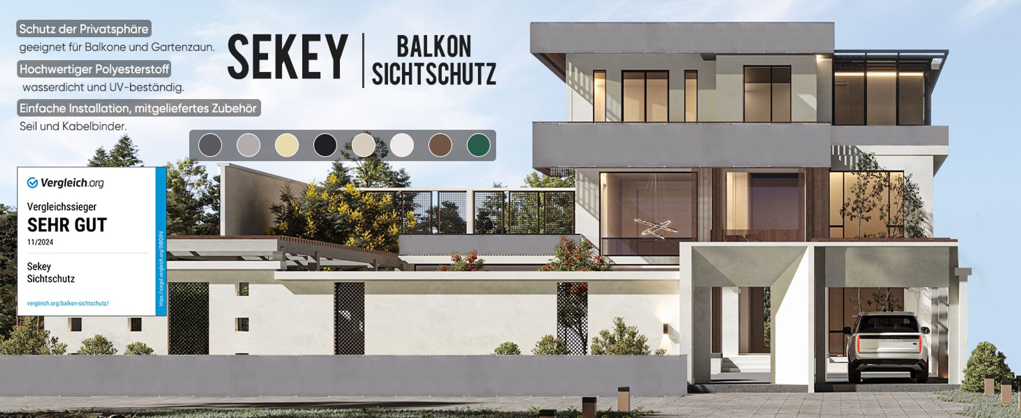 Sekey Balkon Sichtschutz PES Blickdichte Wetterfest Windschutz Hellgrau, 90x300 cm