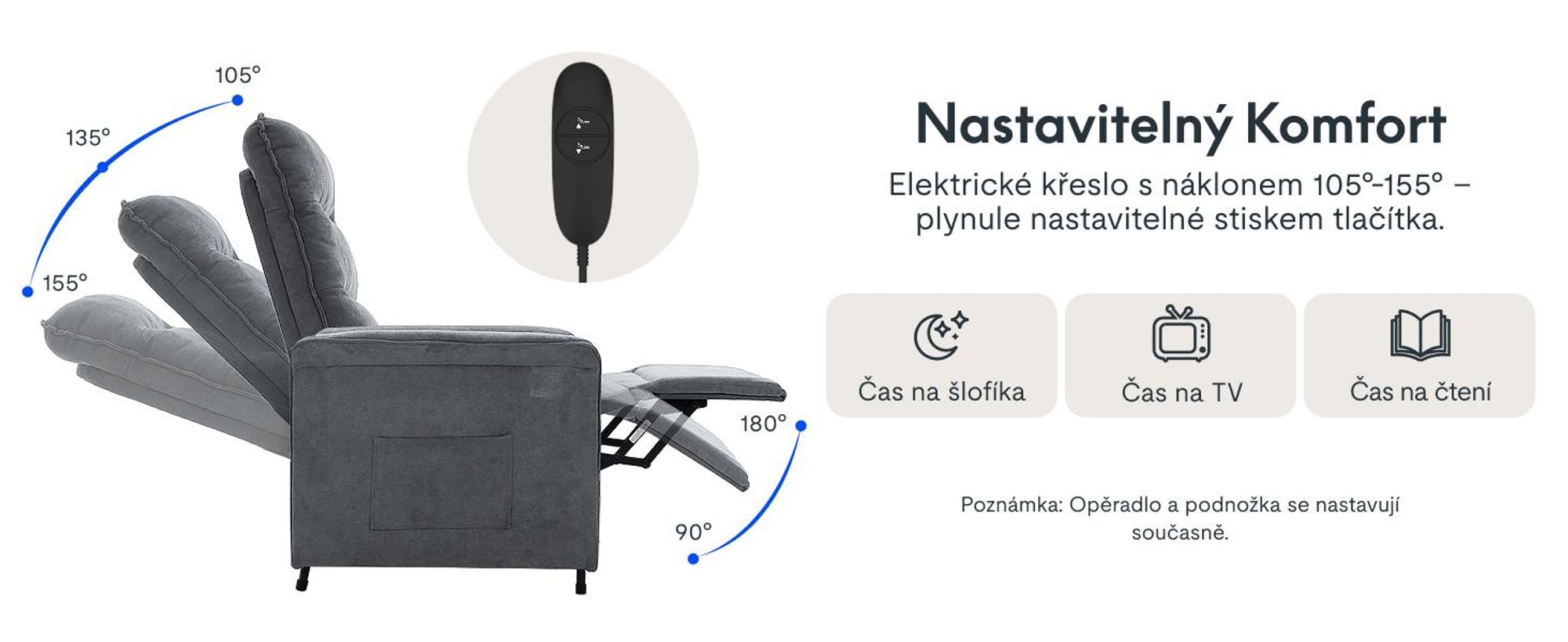 Elektrické polohovací křeslo FLEXISPOT s funkcí naklápění 105°-155°, nastavitelné TV a polohovací křeslo do obývacího pokoje, opěrka zad a nohou (světle šedá)